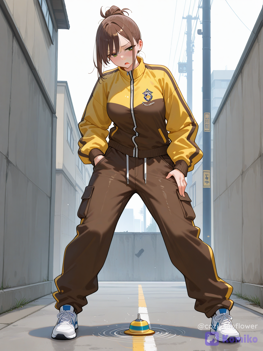 Full body shot, front view, one 25-year-old agile adult woman humanization of Hitmontop pokemon, standing on a urban concrete street-dance battleground. She has brown hair tied into a single thick, rigid ponytail on top of her head that points straight up like a spinning top spindle. She is wearing loose breakdance streetwear: an oversized blue tracksuit jacket, a thick yellow circular neck-warmer, and baggy brown cargo pants. Human body, human face, athletic active posture.[vivid-oil-cel-style]