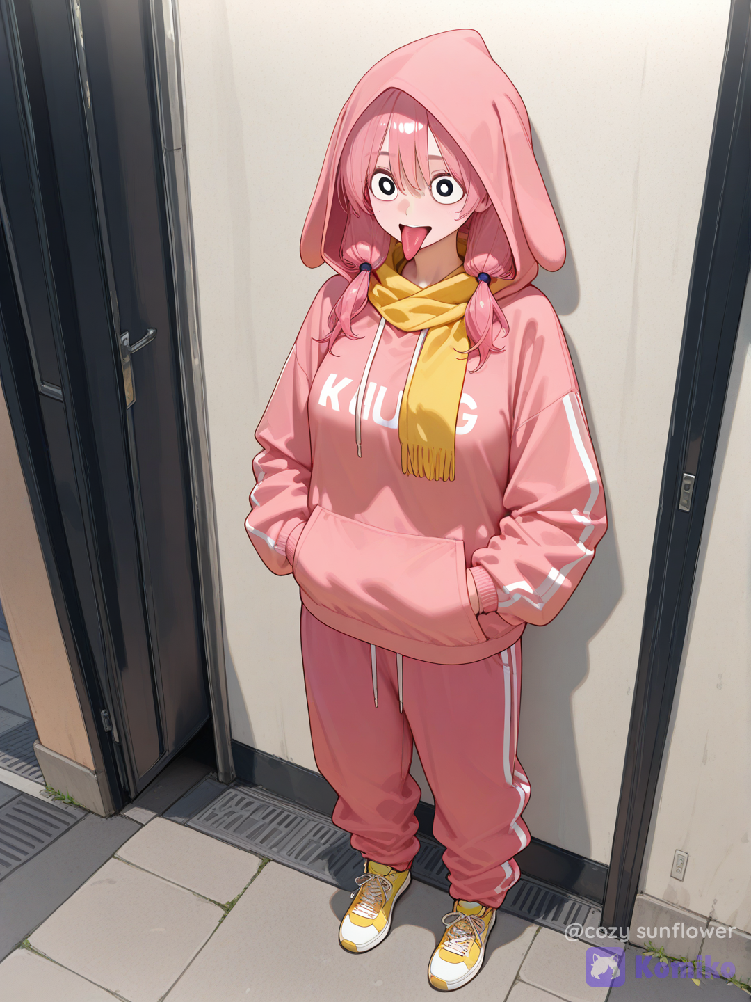 Full body shot, front view, one 18-year-old playful adult woman humanization of Lickitung pokemon, standing on a soft pastel city street background. She has bright pink hair tied in two high pigtails, big round eyes, and a cheerful dazed expression. She is wearing extremely loose streetwear: an oversized pink hoodie with yellow curved patterns on the front, baggy pink sweatpants, and yellow sneakers. A very long, wide, bright magenta scarf hangs from her neck and trails on the ground like a huge tongue. Human body, human face, realistic proportions.[vivid-oil-cel-style]