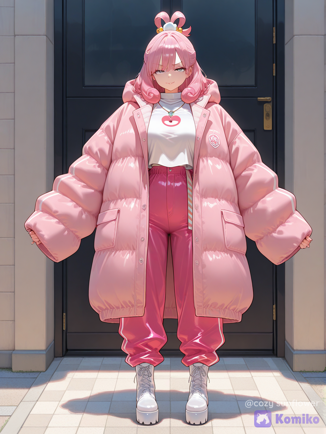 Full body shot, front view, one 25-year-old adult woman humanization of Lickilicky pokemon, standing in a whimsical modern park background. She has pink hair styled into a neat, curly top-knot, and a calm, smug facial expression. She is wearing modern geometric oversized fashion: a massive, spherical pink puffer coat that mimics a round body, featuring a distinct white bib-shaped pattern on the chest with three yellow horizontal stripes below it. She wears baggy pink trousers and white platform boots. Human body, human face, realistic adult proportions.[vivid-oil-cel-style]