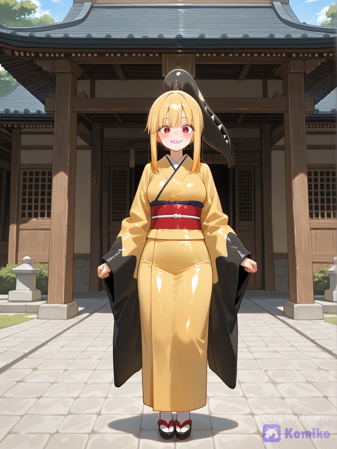Full body shot, straight frontal portrait angle, looking at viewer, a 18-year-old adult deceptive woman humanization of Mawile, one character, natural human skin tone, wearing a yellow and black traditional kimono, a single massive ferocious steel-jaw hair appendage with sharp white teeth curving around from her head to the front plane, blond hair, gentle and innocent facial expression, ancient eastern temple courtyard background, [vivid-oil-cel-style]