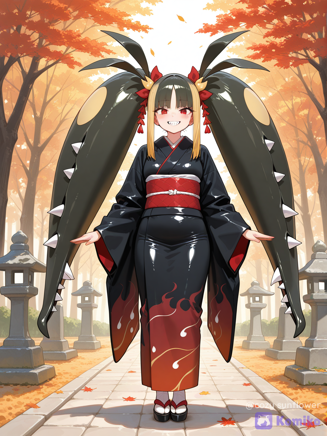 Full body shot, straight frontal portrait angle, looking at viewer, a 35-year-old mature deadly geisha woman humanization of Mega Mawile, one character, natural human skin tone, wearing a lavish oversized red and black traditional kimono, two massive ferocious steel-jaw hair appendages with sharp white teeth framing her sides on the front plane, twin long blond ponytails, deceptive sweet smile with sharp eyes, ancient zen garden under autumn leaves background, [vivid-oil-cel-style]