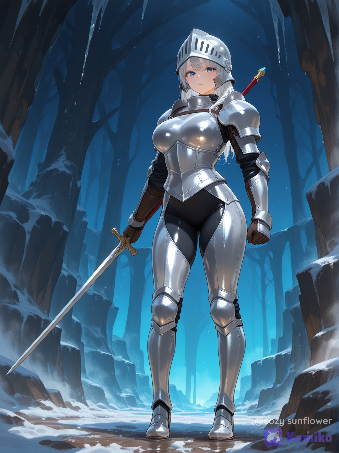 Full body shot, straight frontal portrait angle, looking at viewer, a 18-year-old adult woman humanization of Aron, one character, natural human skin tone, wearing a light silver metallic armored corset with dark circular hollow patterns, a smooth round silver iron helmet with eye slits revealing bright blue eyes, calm and sturdy posture, rocky mountain cave background, [vivid-oil-cel-style]