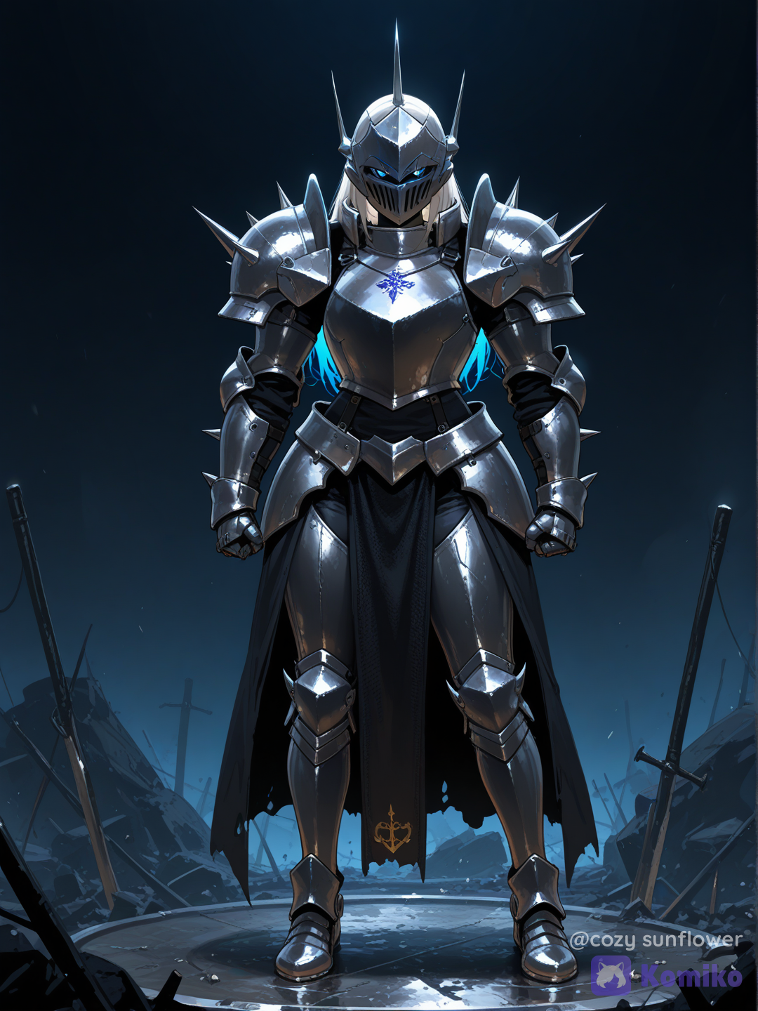Full body shot, straight frontal portrait angle, looking at viewer, a 25-year-old heavily armored warrior woman humanization of Lairon, one character, natural human skin tone, wearing structural silver steel plate armor with rows of sharp dark iron spikes along her pauldrons and guards, a rigid iron mask on her face with glowing blue eyes, determined and tough expression, iron ore mine background, [vivid-oil-cel-style]