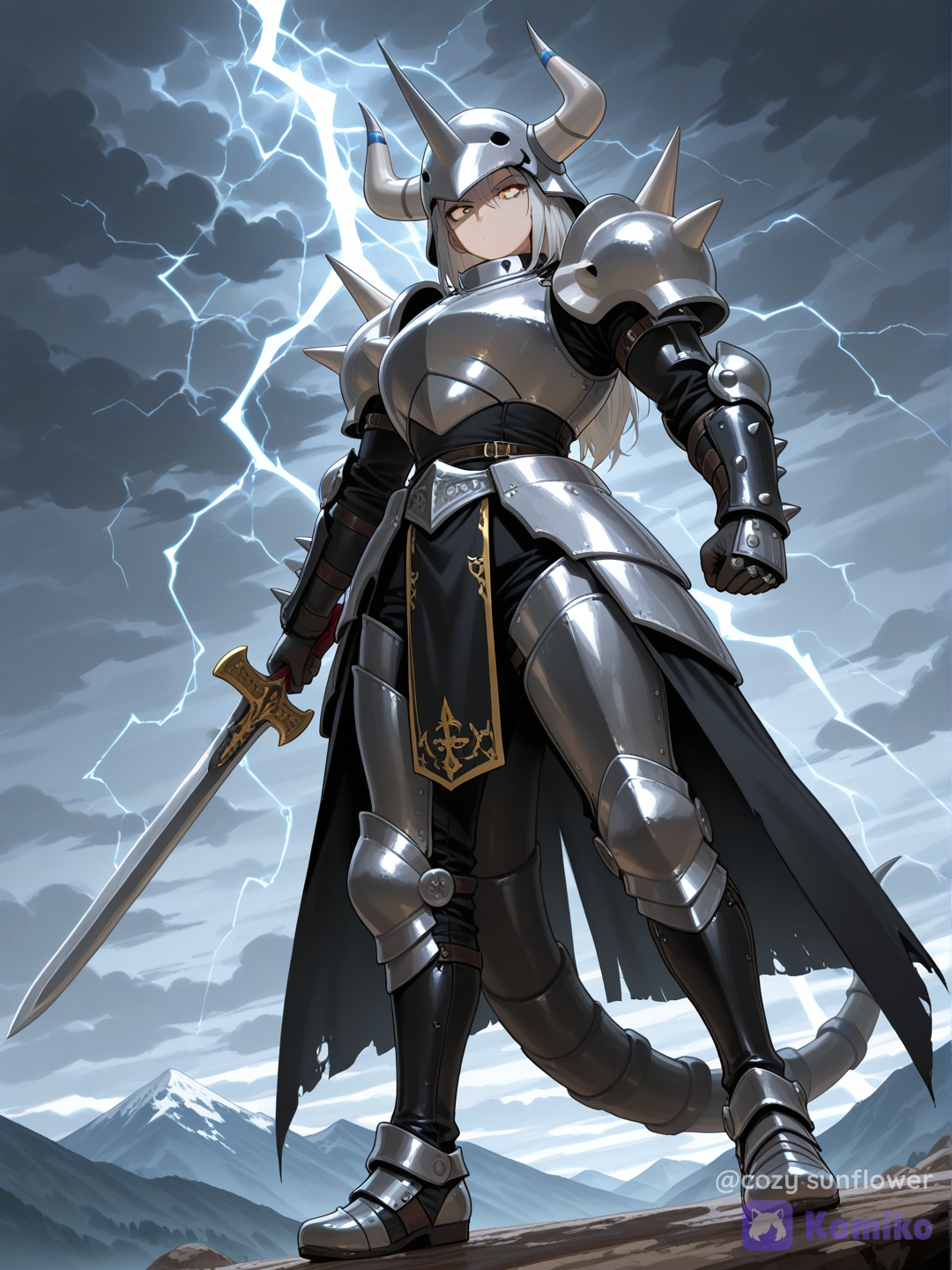 Full body shot, straight frontal portrait angle, looking at viewer, a 35-year-old mature iron general woman humanization of Aggron, one character, natural human skin tone, wearing massive triple-layered silver and dark grey steel knight armor, a heavy iron helmet with two long curved silver horns extending backward, a thick armored metal tail attached to her lower back, fierce and dominant expression, rocky mountain peak under a stormy sky background, [vivid-oil-cel-style]