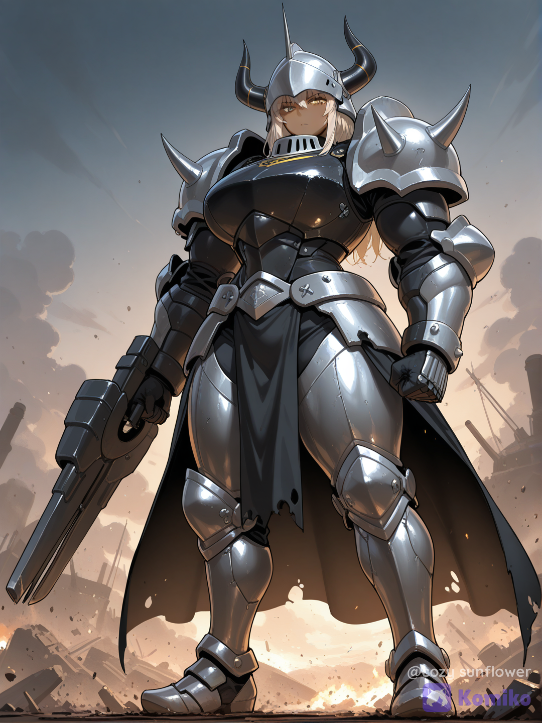 Full body shot, straight frontal portrait angle, looking at viewer, a 35-year-old powerful muscular mature iron knight woman humanization of Mega Aggron, one character, natural human skin tone, wearing colossal multi-layered silver and black steel plate armor, a massive iron helmet with sharp horizontal horn plates, oversized spiked pauldrons, stern unbreakable expression, battlefield covered in metal debris background, [vivid-oil-cel-style]