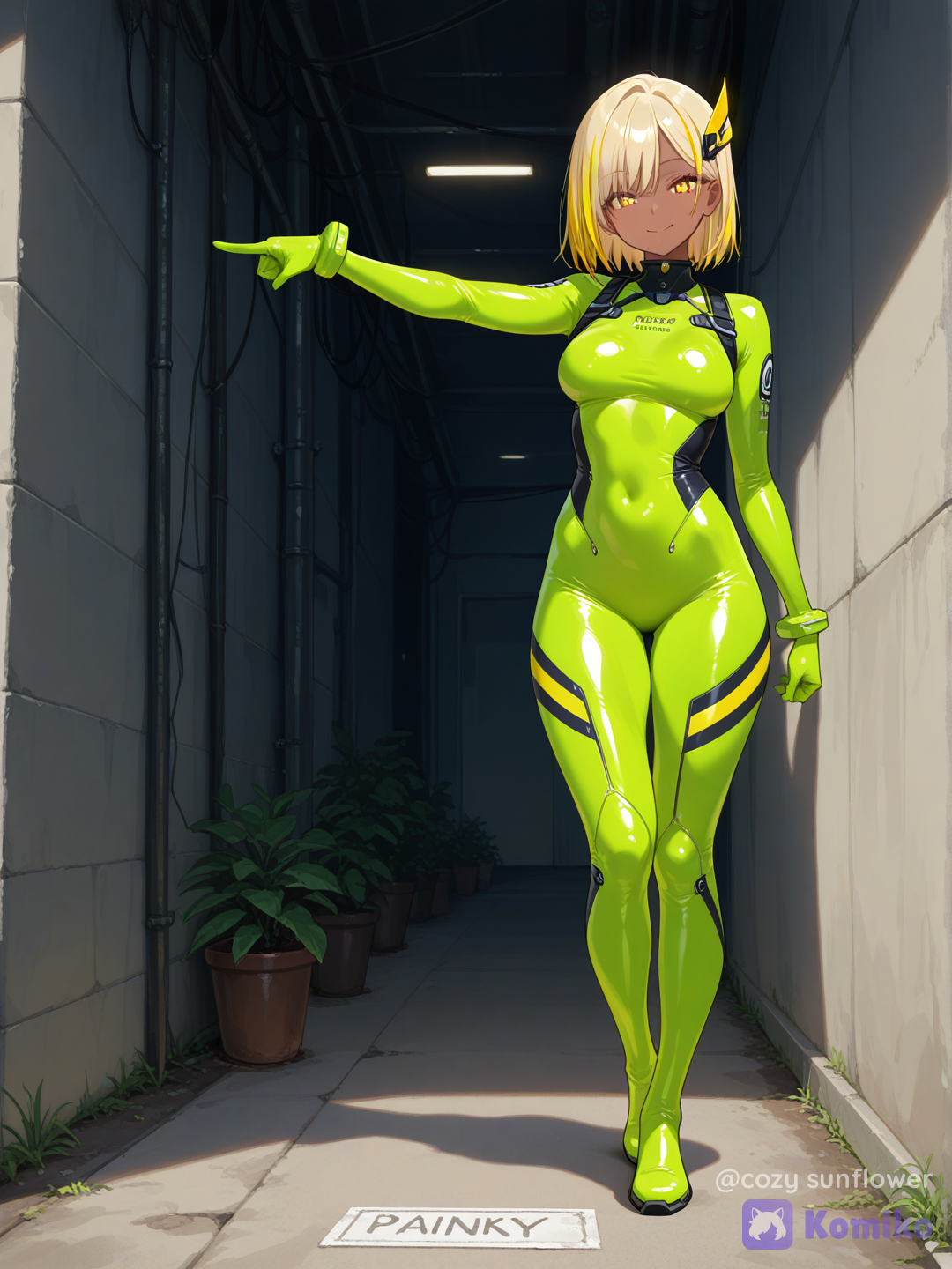 Full body shot, straight frontal portrait angle, looking at viewer, a 18-year-old energetic adult woman humanization of Electrike, one character, natural human skin tone, wearing a sleek neon-green athletic bodysuit with bright yellow stripe patterns on the sides, short electric yellow hair styled with a single large prominent crest pointing backward, sparkling yellow eyes, confident and spunky smile, power plant generator background, [vivid-oil-cel-style]