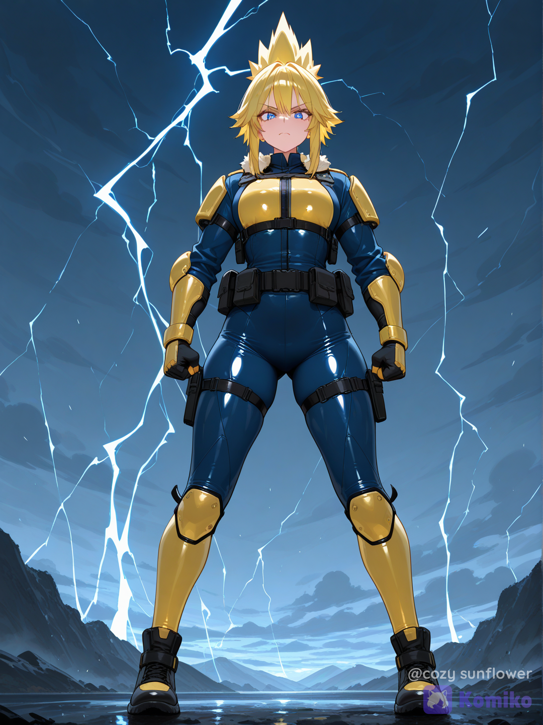 Full body shot, straight frontal portrait angle, looking at viewer, a 25-year-old proud lightning warrior woman humanization of Manectric, one character, natural human skin tone, wearing a sharp blue and yellow tactical uniform, a massive voluminous bright yellow spiky hair-mane shaped like a jagged thundercloud framing her head, fierce blue eyes, commanding and serious expression, stormy sky filled with lightning background, [vivid-oil-cel-style]