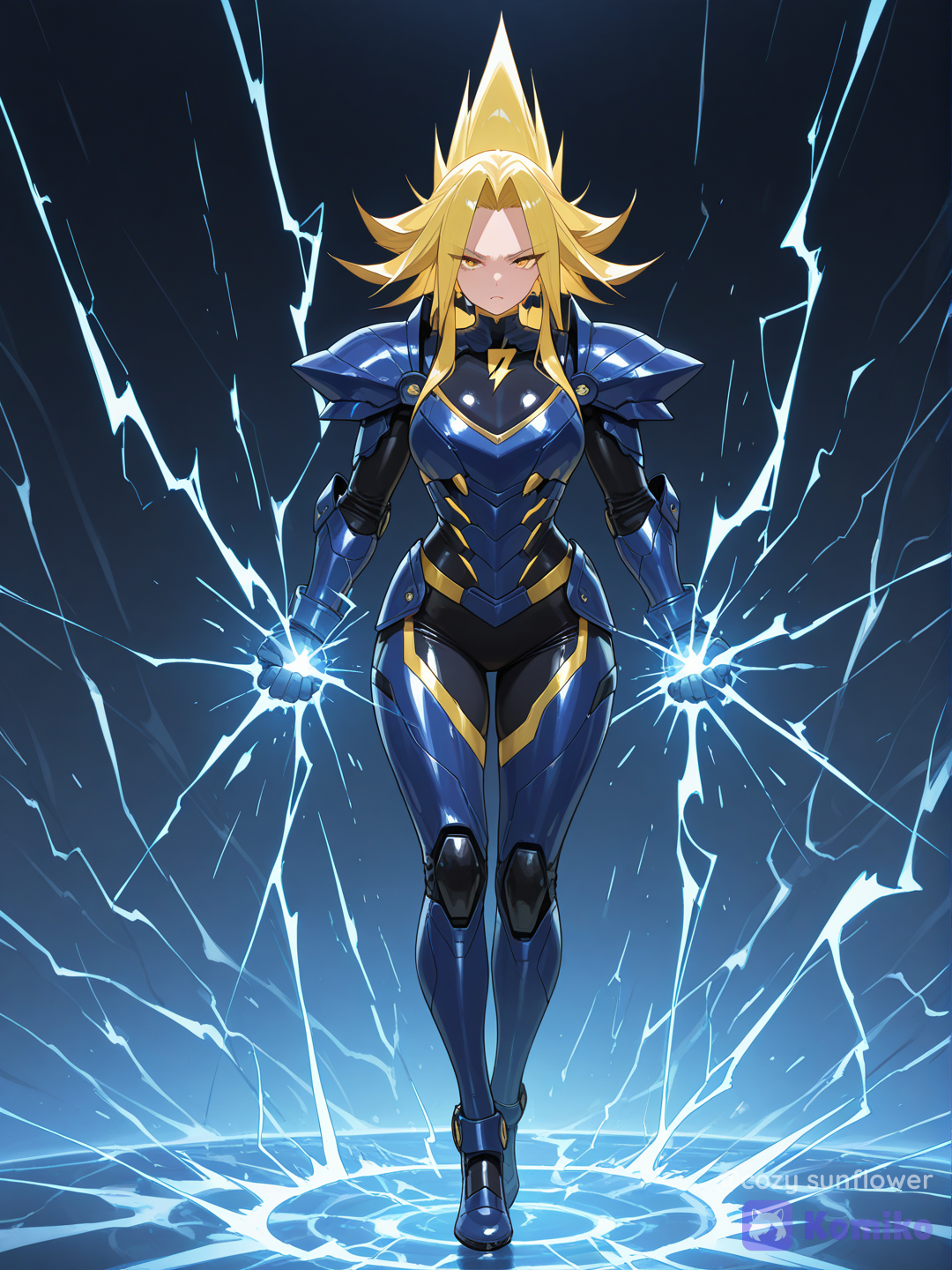 Full body shot, straight frontal portrait angle, looking at viewer, a 35-year-old powerful mature thunder queen woman humanization of Mega Manectric, one character, natural human skin tone, wearing a sleek black and deep blue cybernetic armor, her hair is transformed into a colossal oversized bright yellow lightning-bolt crest shaped like a massive giant jagged 'Z' expanding high above her, fierce aggressive expression, intense electric sparks crackling in front of her, chaotic thunderstorm background, [vivid-oil-cel-style]