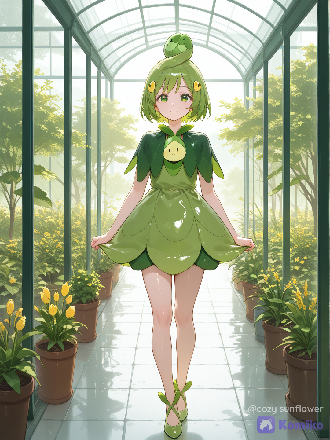Full body shot, straight frontal portrait angle, looking at viewer, a 18-year-old delicate adult woman humanization of Budew, one character, natural human skin tone, wearing a pale green and soft yellow layered minidress shaped like a closed flower bud, short pale green hair with two spherical bud-shaped hair clips, gentle and innocent expression, tranquil morning greenhouse background, [vivid-oil-cel-style]