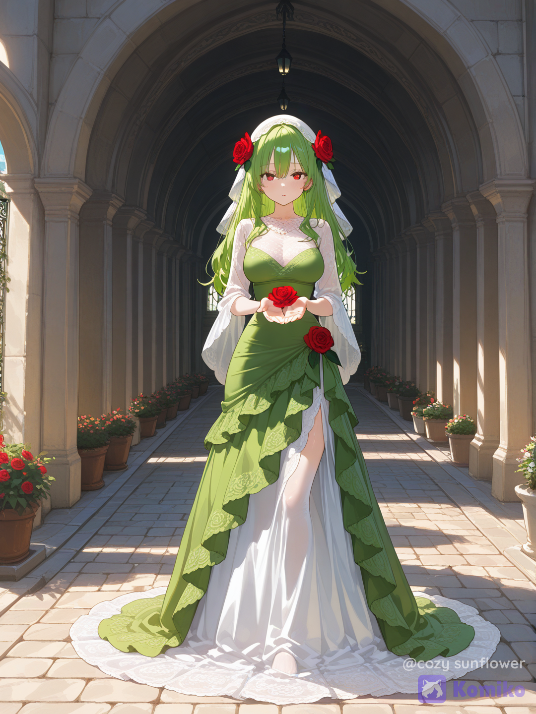 Full body shot, straight frontal portrait angle, looking at viewer, a 25-year-old elegant flamenco dancer woman humanization of Roselia, one character, natural human skin tone, wearing a fitted green and white ruffled dress, large blooming red and blue rose flower structures attached in place of her hands, graceful posture with a passionate expression, sunlit Spanish courtyard background, [vivid-oil-cel-style]
