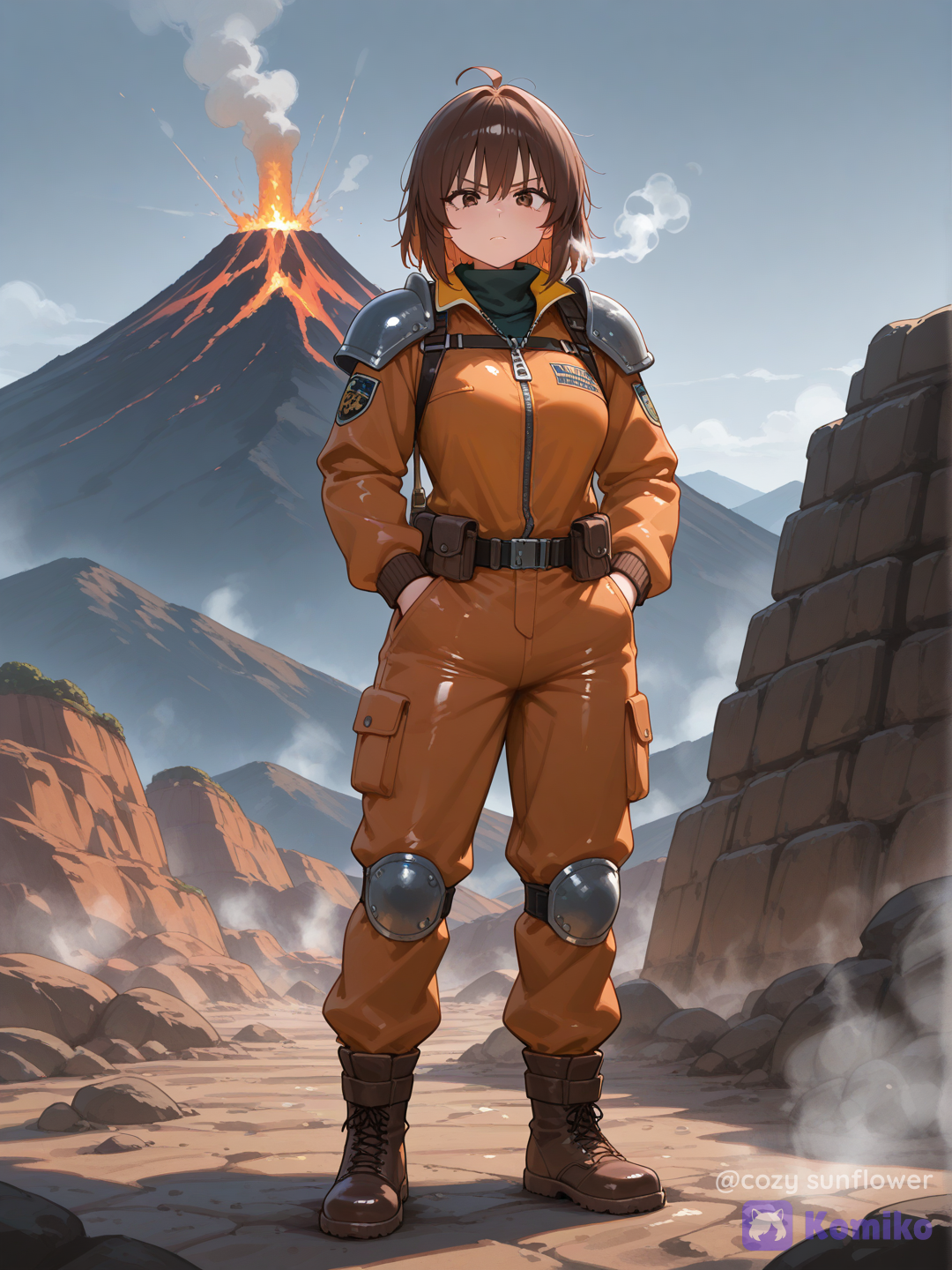 Full body shot, straight frontal portrait angle, looking at viewer, a 25-year-old rugged mature explorer woman humanization of Camerupt, one character, natural human skin tone, wearing a sturdy dark red and brown utility jacket, two large structural volcanic cone shoulder pads with glowing red and yellow rims emitting faint steam, focused determined expression, active rocky volcanic plateau background, [vivid-oil-cel-style]