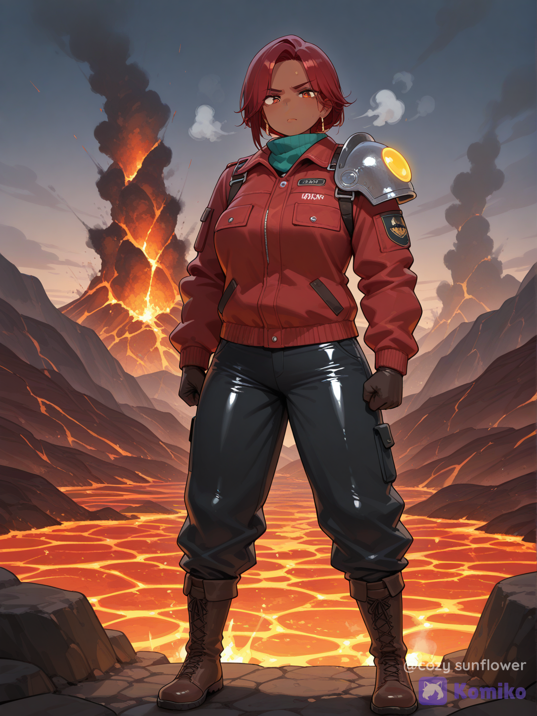 Full body shot, straight frontal portrait angle, looking at viewer, a 25-year-old rugged mature explorer woman humanization of Camerupt, one character, natural human skin tone, wearing a sturdy dark red and brown utility jacket, two large structural volcanic cone shoulder pads with glowing red and yellow rims emitting faint steam, focused determined expression, active rocky volcanic plateau background, [vivid-oil-cel-style]