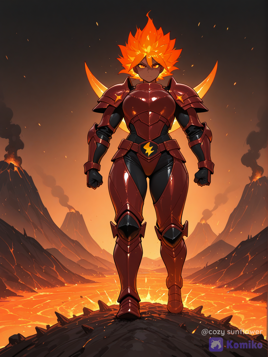 Full body shot, straight frontal portrait angle, looking at viewer, a 35-year-old powerful fierce mature volcanic warrior woman humanization of Mega Camerupt, one character, natural human skin tone, wearing heavy dark red and black armor, a massive colossal central volcano crater structure mounted across her back and shoulders with glowing bright orange lava and embers spewing upward, intense and powerful expression, erupting volcano background, [vivid-oil-cel-style]