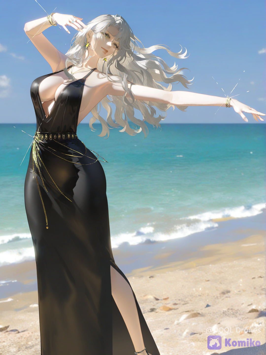 @emilie-p2ku elle dance de la salsa et elle est en talon et elle porte une robe noir avec des chaine en n’ or, 3d, [aqua-dreamlight-style]le font se sera une plages