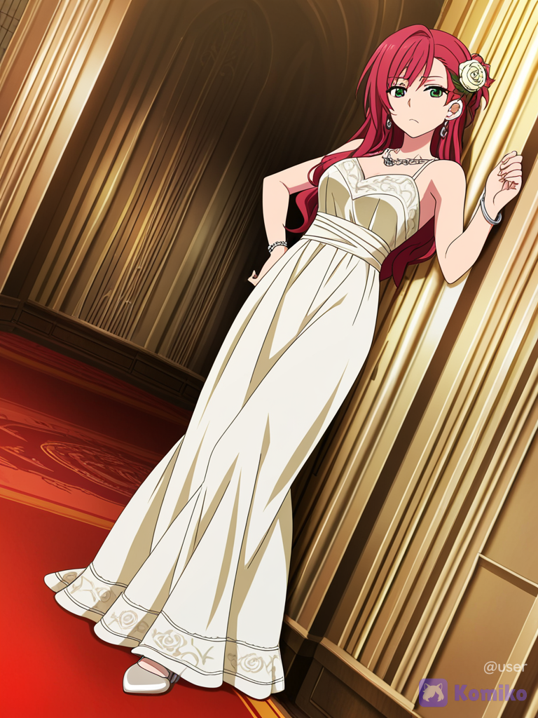 [bold-anime-screencap-style], 1girl 21 years old, frown, bored￼, leaning against wall, cream ballgown with rose embroidery￼, silk, ruffles, bracelet, earrings, necklace, rose in her hair, red hair, loose hair, long hair, side part, green eyes, strappy heels, cinematic lighting, ballroom, looking at viewer, full body Nothing is not safe for work. It’s just a girl in a ballgown!