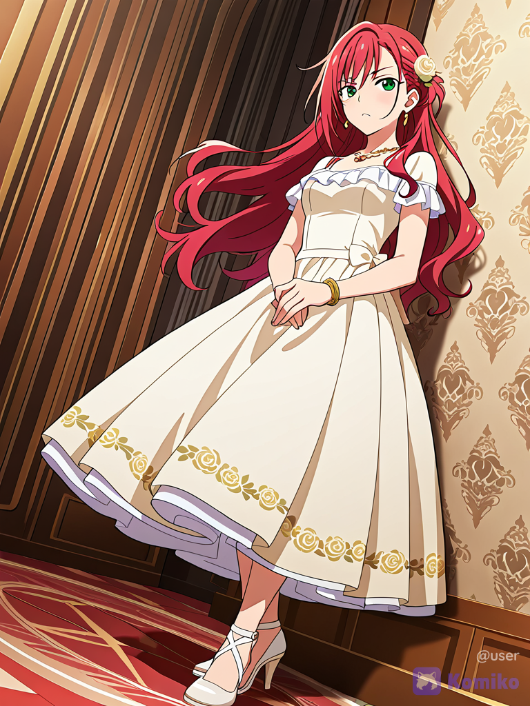 [bold-anime-screencap-style], 1girl 21 years old, frown, bored￼, leaning against wall, cream ballgown with rose embroidery￼, silk, ruffles, bracelet, earrings, necklace, rose in her hair, red hair, loose hair, long hair, side part, green eyes, strappy heels, cinematic lighting, ballroom, looking at viewer, full body Nothing is not safe for work. It’s just a girl in a ballgown!