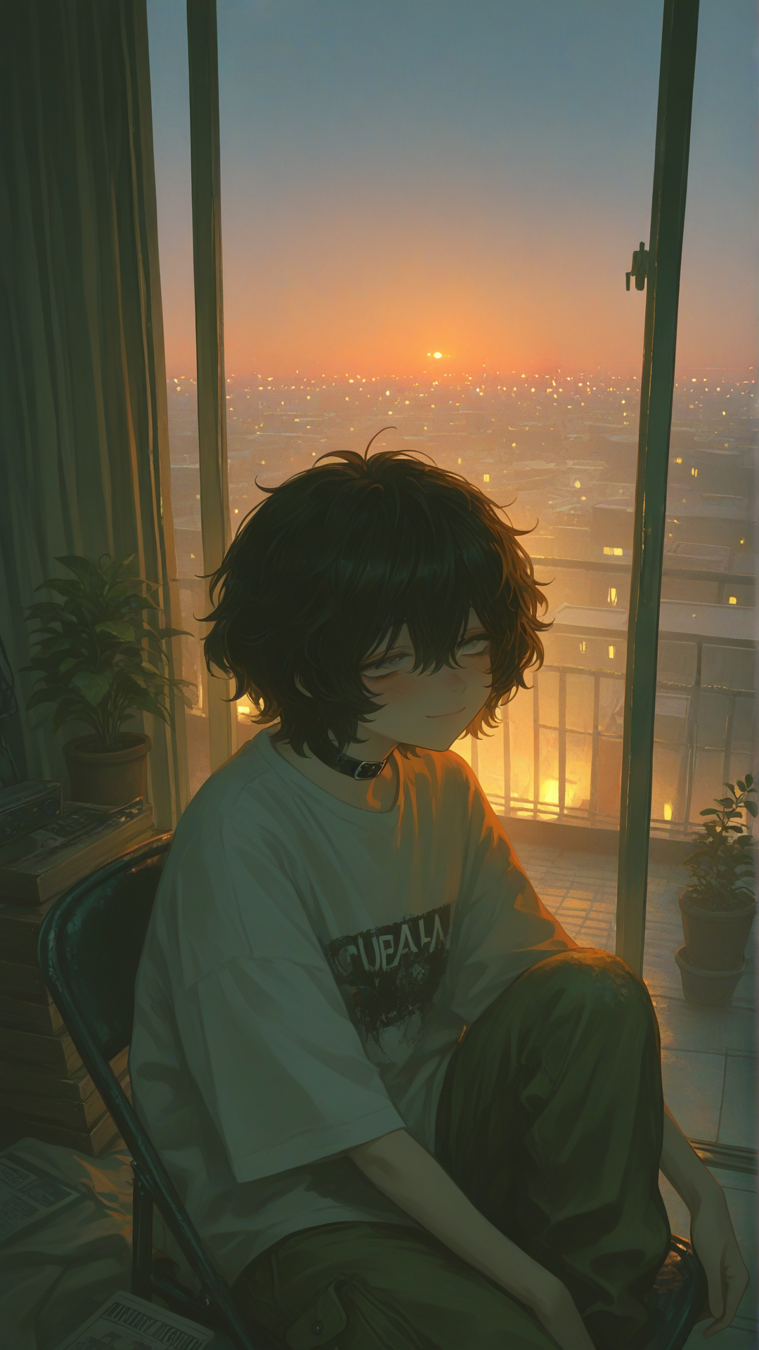 @ryo-lPBA, rooftop hideout scene at dusk, boy alone in his secret personal space on a building rooftop, boy sitting on an old folding chair, one knee up, elbow resting on knee, looking up from under his bangs with calm half-lidded gray eyes, faint rare soft smile, messy black hair falling over forehead, black leather choker with small buckle, oversized black graphic tee, olive cargo pants, his personal hideout details: worn blanket draped over the chair, open paperback book on his knee, canned coffee from a vending machine on the crate beside him, small potted plant he secretly waters, old radio with antenna, string of cool white lights low along the railing, rooftop door and pipes in background, dusk sky turning deep blue, first city lights below, soft wind moving his hair, solitary quiet atmosphere, no one else around, hidden calm vibe, soft cinematic lighting, cool tones with warm accent light, [sensual-glossy-style]