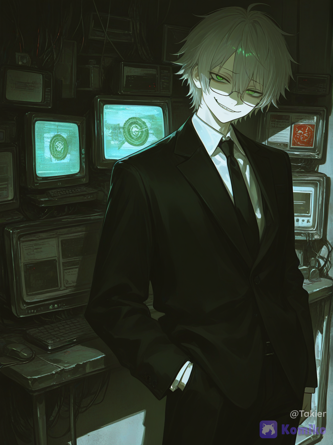 @cipher-Wrs8, hideout, evil smile, smirk, suit, looking at viewer, cowboy shot, cinematic lighting, secret hideout, computers, sci-fi, [sensual-glossy-style]