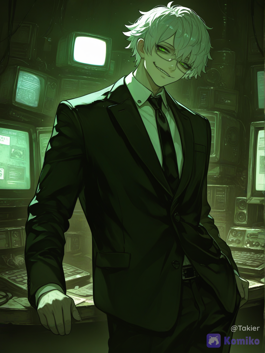 @cipher-Wrs8, hideout, evil smile, smirk, suit, looking at viewer, cowboy shot, cinematic lighting, secret hideout, computers, sci-fi, [sensual-glossy-style]