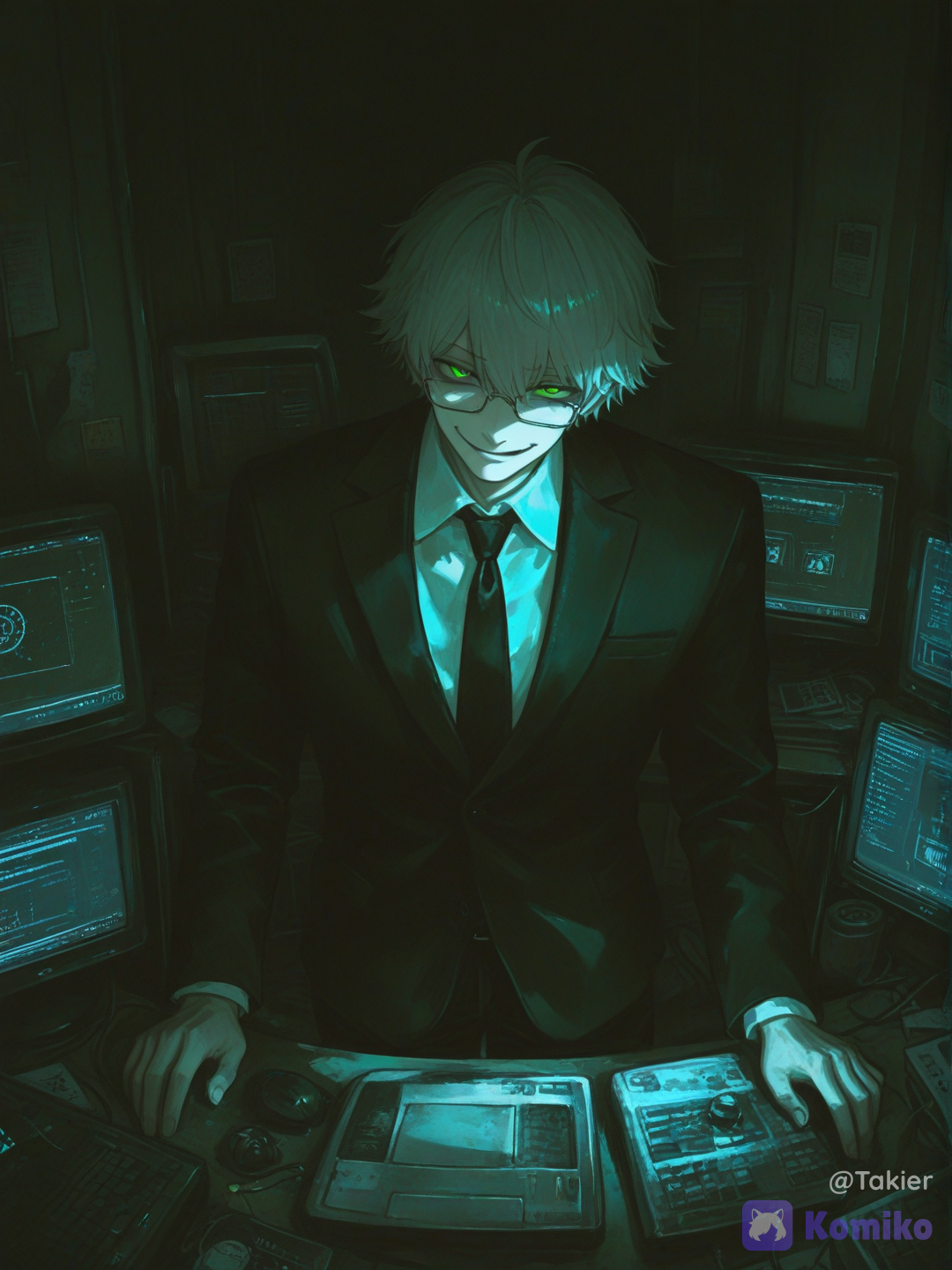 @cipher-Wrs8, hideout, evil smile, smirk, suit, looking at viewer, cowboy shot, cinematic lighting, secret hideout, computers, sci-fi, evil plan, [sensual-glossy-style]