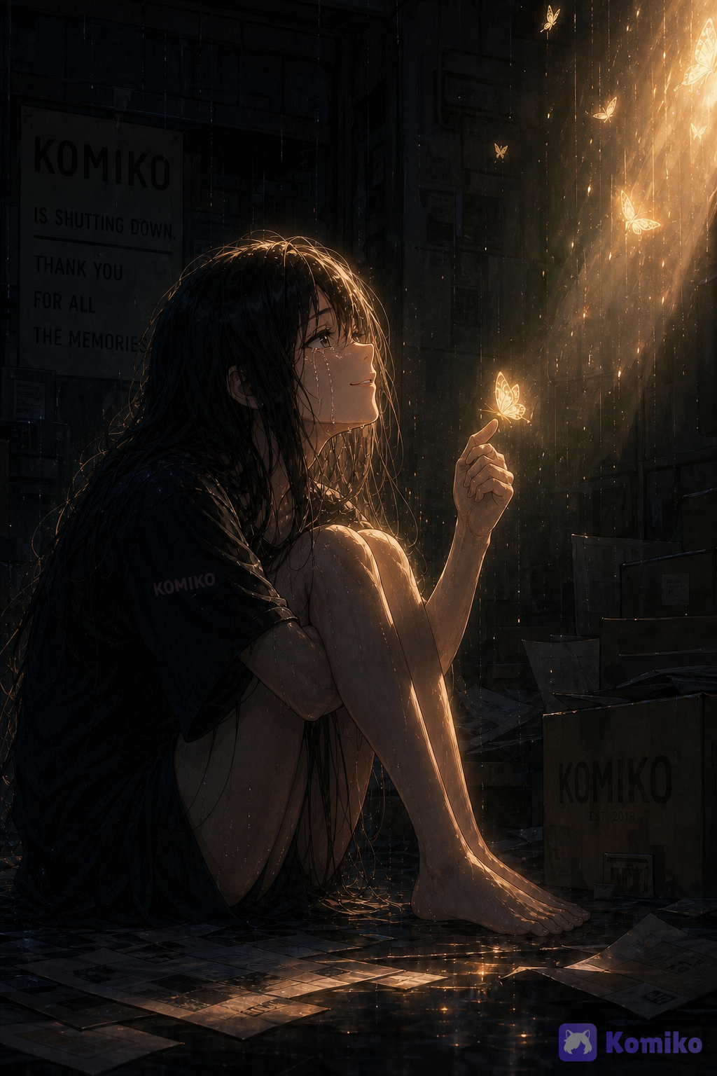look in disbelieve and strength, with warmth, still have tears streaming down face, but looks at butterfly on finger with trusting eyes, hoping eyes., @cheng-meng-xia-OIuu
