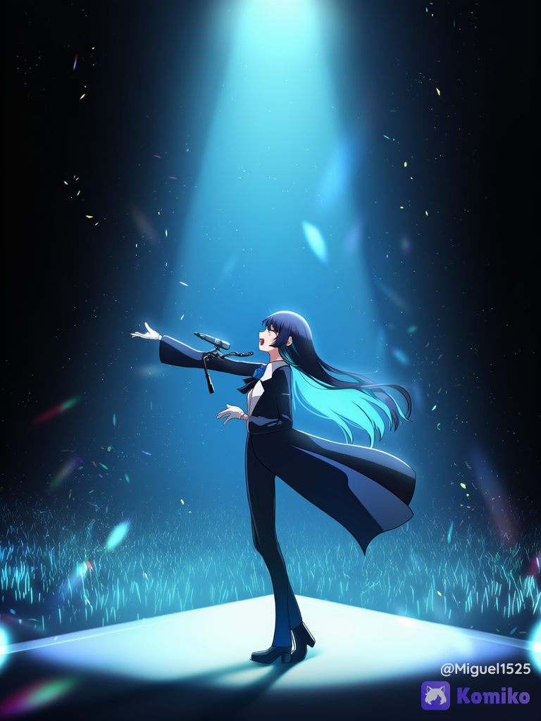 ado (utaite), cantando, concierto, ethereal lighting, glowing particles, spotlight
