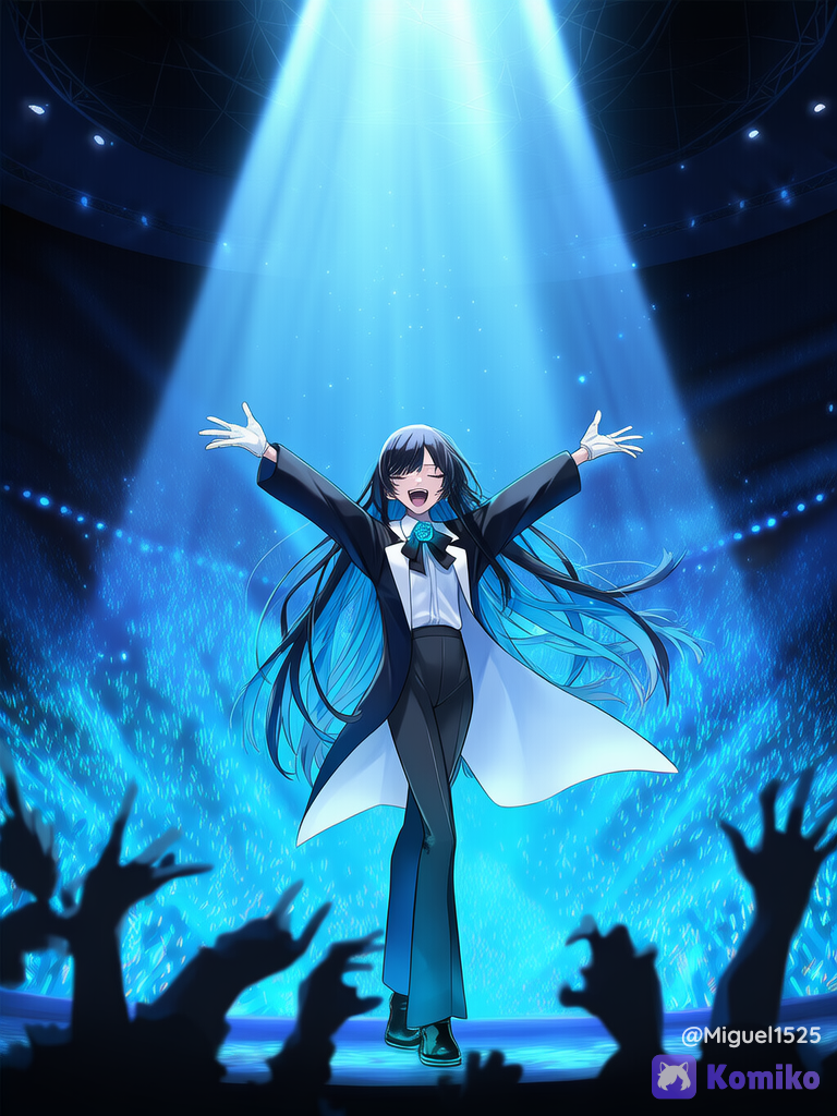 ado (utaite), cantando, concierto, ethereal lighting, glowing particles, spotlight