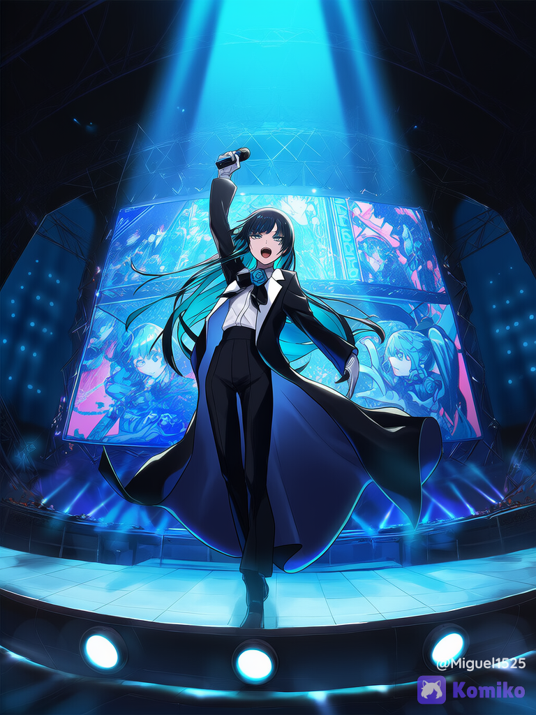 ado (utaite), cantando, concierto, ethereal lighting, glowing particles, spotlight