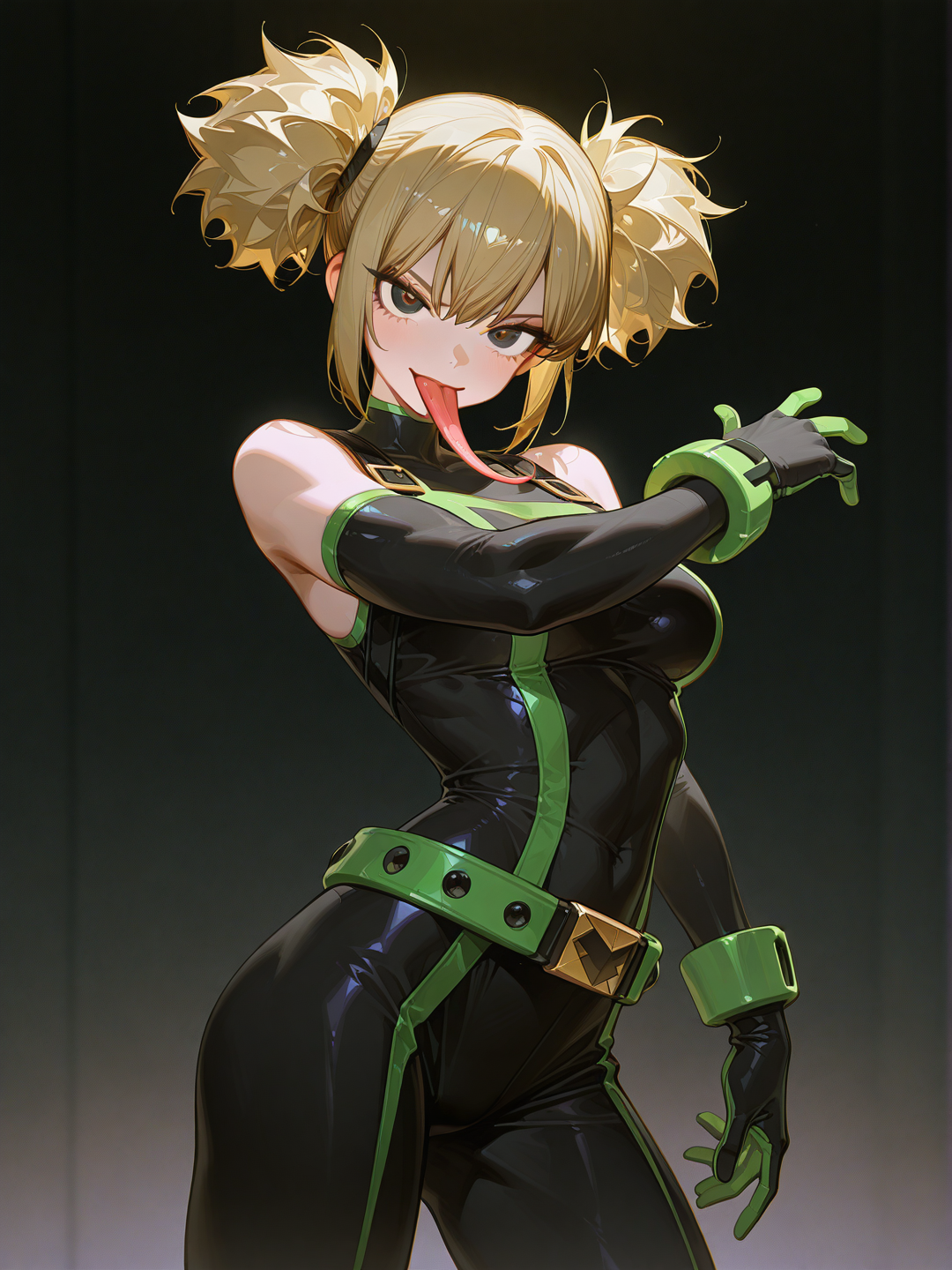 [high-gloss-illustration-style], 1girl, mature, athletic, muscular, tall, katsuki bakugo hairstyle, blonde hair, twintails, Tsuyu Asui's hero costume, but in black, Tsuyu Asui's tongue, Bakugo's face, but feminine