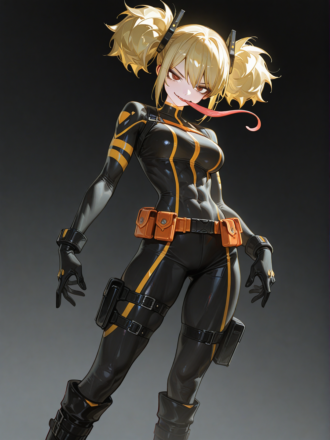 [high-gloss-illustration-style], 1girl, mature, athletic, muscular, tall, katsuki bakugo hairstyle, blonde hair, twintails, Tsuyu Asui's hero costume, but in black, Tsuyu Asui's tongue, Bakugo's face, but feminine