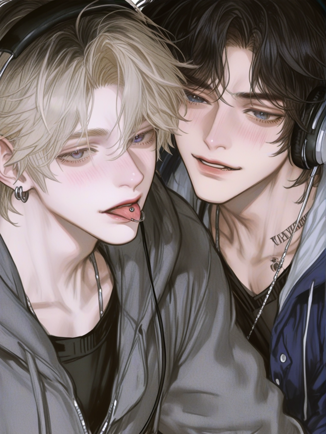 [semi-realistic-portrait-style]1boy, teenager, mature, muscular, tall, athletic, blonde hair, white hair, short hair, black hair, gray eyes, blue eyes, heterochromia, dimple, tattoo, scar, fair skin, tan skin, hoodie, t-shirt, headphones, necklace, earrings, nose piercing, tongue piercing, septum piercing, rings, dominant emo daddy.