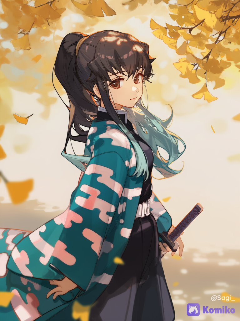1girl, Makiyume Tokito (reference 1) standing in a golden ginkgo forest, dappled sunlight, over the shoulder view, looking back, depth of field, neutral expression, falling ginkgo leaves, dynamic pose, clean lines, detail, pretty shadows, Demon Slayer style, [lacquered-illustration]