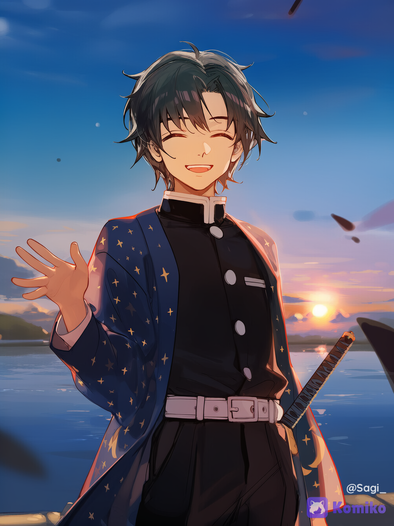 1boy, Aketo Yatogami (reference 1) standing beside a lake at dusk, moonrise over the water, front view, depth of field, soft closed eyes smile, wave, dynamic pose, clean lines, detail, pretty shadows, Demon Slayer style, [lacquered-illustration]