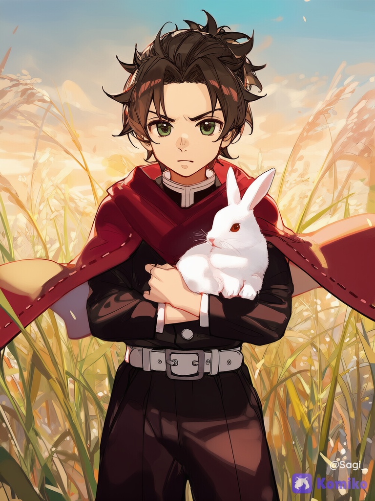 1boy, Enshirou Terato (reference 1) standing in a rice field, white rabbit with brown eyes cradled in his arms, front view, depth of field, soft frown, dynamic pose, clean lines, detail, pretty shadows, Demon Slayer style, [lacquered-illustration]
