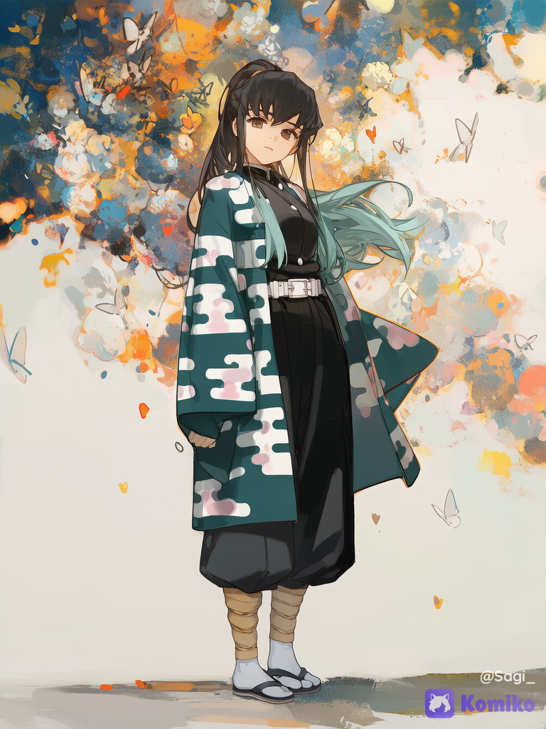 score_9, score_8_up, score_7_up, source_anime, 1girl, @makiyume-tokito-ivkv Makiyume (reference 1), solo, beautiful girl, neutral expression, soft frown, delicate facial features, large expressive eyes, three-quarter view, upper body portrait, looking at viewer, slight head tilt, graceful pose, fine art painting, traditional painting aesthetic, visible brushstrokes, watercolor and oil paint fusion, expressive painterly texture, colorful paint splashes, abstract brush strokes, floating butterflies, butterflies scattered around her, dynamic artistic background, white negative space, dramatic soft lighting, atmospheric lighting, highly intricate details, absurdres, [sweet-painting-style]