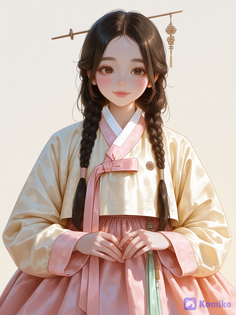beautiful Korean girl, natural Korean appearance, realistic anime style, soft anime illustration, cute youthful Korean girl, natural facial proportions, soft oval face, delicate features, slightly almond-shaped dark brown eyes, realistic dark brown irises, natural black eyelashes, straight natural eyebrows, small delicate nose, soft natural lips, subtle pink blush, gentle sweet expression, long straight dark brown-black hair, natural glossy hair, two long neat braids falling over the shoulders, realistic individual hair strands, simple traditional Korean hair accessory, elegant binyeo hairpin, natural warm fair skin tone, petite feminine appearance, graceful posture, traditional Korean hanbok, authentic Korean hanbok design, soft pastel pink jeogori, cream-colored chima, elegant wide flowing skirt, long graceful sleeves, delicate traditional Korean embroidery, subtle floral patterns, beautiful fabric folds, traditional Korean norigae accessory, refined Korean traditional fashion, natural muted colors, soft daylight, warm gentle lighting, clean simple background, polished 2D anime artwork, face, delicate lineart, natural coloring, elegant, beautiful, sophisticated, aesthetically pleasing, [brushstroke-portrait-style]