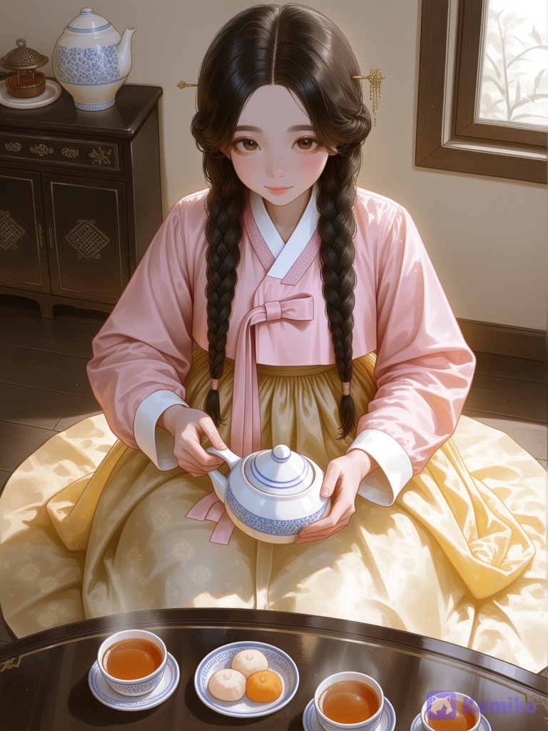 beautiful Korean girl, natural Korean appearance, realistic anime style, soft anime illustration, cute youthful Korean girl, natural facial proportions, soft oval face, delicate features, slightly almond-shaped dark brown eyes, realistic dark brown irises, straight natural eyebrows, small delicate nose, soft natural lips, subtle pink blush, gentle sweet expression, long straight dark brown-black hair, two long neat braids falling over her shoulders, natural glossy hair, simple traditional Korean hair accessory, elegant binyeo hairpin, natural warm fair skin tone, traditional Korean hanbok, soft pastel pink jeogori, cream-colored chima, elegant wide flowing skirt, delicate traditional Korean embroidery, subtle floral patterns, traditional Korean norigae accessory, sitting at a traditional low Korean table, carefully pouring tea from a small traditional Korean ceramic teapot into a delicate tea cup, both hands naturally holding the teapot, focused gentle expression, small Korean tea set arranged on the table, traditional ceramic cups, small plate with Korean sweets, steam gently rising from the tea, cozy traditional Korean room, wooden floor, subtle Korean decorative elements, warm natural daylight coming through a window, peaceful atmosphere, natural muted colors, clean simple composition, polished 2D anime artwork, delicate lineart, realistic fabric folds, hands, natural pose, elegant Korean aesthetic, cozy, beautiful, sophisticated[brushstroke-portrait-style]