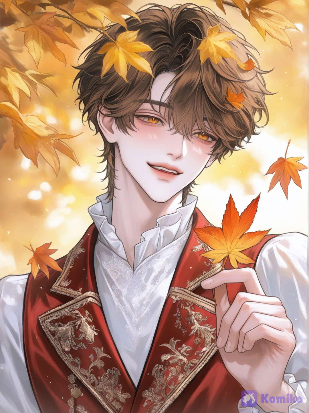 A closeup front shot of Tsuyoshi, a handsome, cheerful, and ethereal humanoid male prince walking on a quiet path covered in autumn leaves. He has fair pristine skin, a slender build, and a kind smile with a warm, innocent expression. Deep brilliant amber eyes, short wavy brown hair with side-swept bangs. A tiny orange autumn leaf is stuck in his hair. He is happily holding a few collected autumn leaves in his hands. Wearing a tailored royal red vest with ornate gold embroidery, a white shirt with a ruffled collar and puffy sleeves. Sunbeams filtering through trees, peaceful and optimistic mood, highly background., [polished-illustration-style]