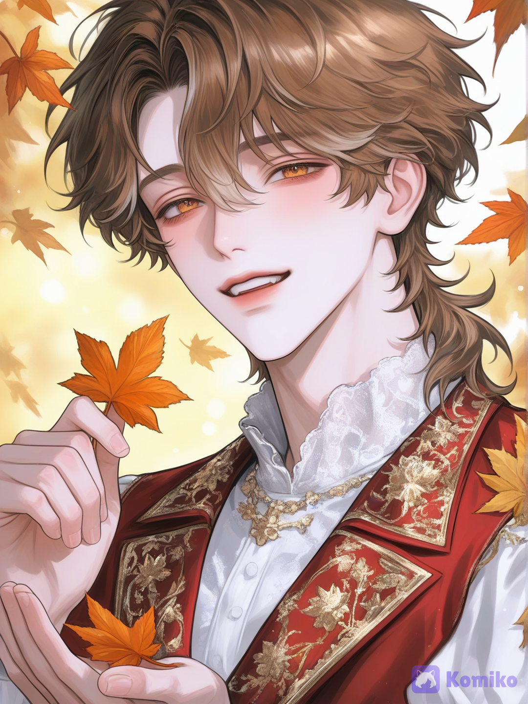 A closeup front shot of Tsuyoshi, a handsome, cheerful, and ethereal humanoid male prince walking on a quiet path covered in autumn leaves. He has fair pristine skin, a slender build, and a kind smile with a warm, innocent expression. Deep brilliant amber eyes, short wavy brown hair with side-swept bangs. A tiny orange autumn leaf is stuck in his hair. He is happily holding a few collected autumn leaves in his hands. Wearing a tailored royal red vest with ornate gold embroidery, a white shirt with a ruffled collar and puffy sleeves. Sunbeams filtering through trees, peaceful and optimistic mood, highly background., [polished-illustration-style]
