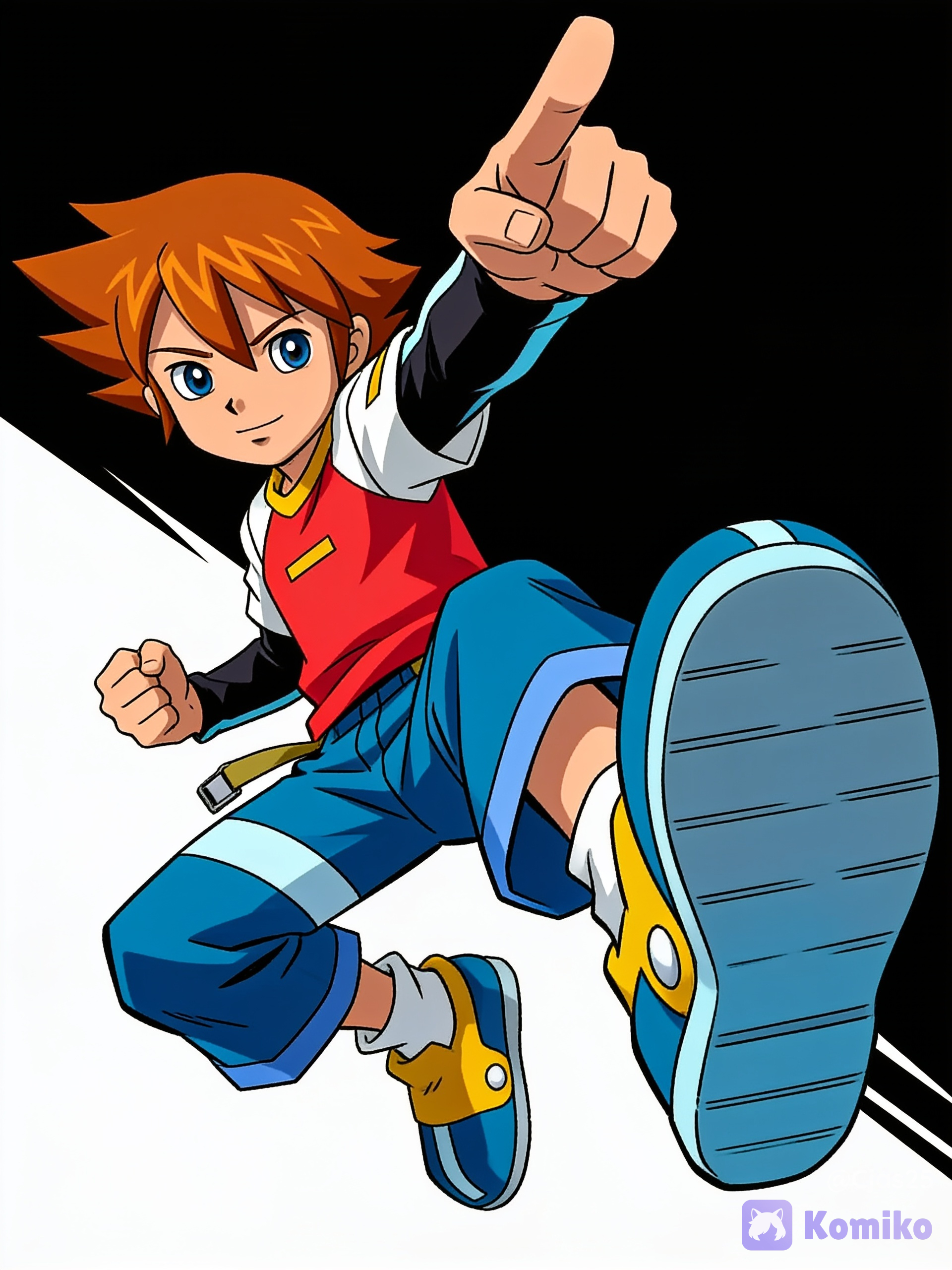 bright brown or light ginger hair with several prominent, sharp points pointing upwards and outwards, expressive blue eyes with thin black eyebrows, wearing a layered top consisting of a short-sleeved red t-shirt with a yellow horizontal accent bar on the chest and white shoulders. Beneath it, he wears black long sleeves with a light blue stripe running down the outer arm.Baggy blue shorts or capris that feature a thick, light blue horizontal stripe across the mid-thigh area. A tan strap or belt loop hangs near his right hip. Large, oversized sneakers that mirror his clothing's palette, featuring a yellow upper, blue accents, thick white socks, and a light blue sole base. Dynamic action shot, low dramatic angle, cinematic lighting, mid-air punch, vibrant saturated colors, cel-shaded, hard two-tone shadow blocks, thick black ink line art, clean outlines, crisp anime key visual style.