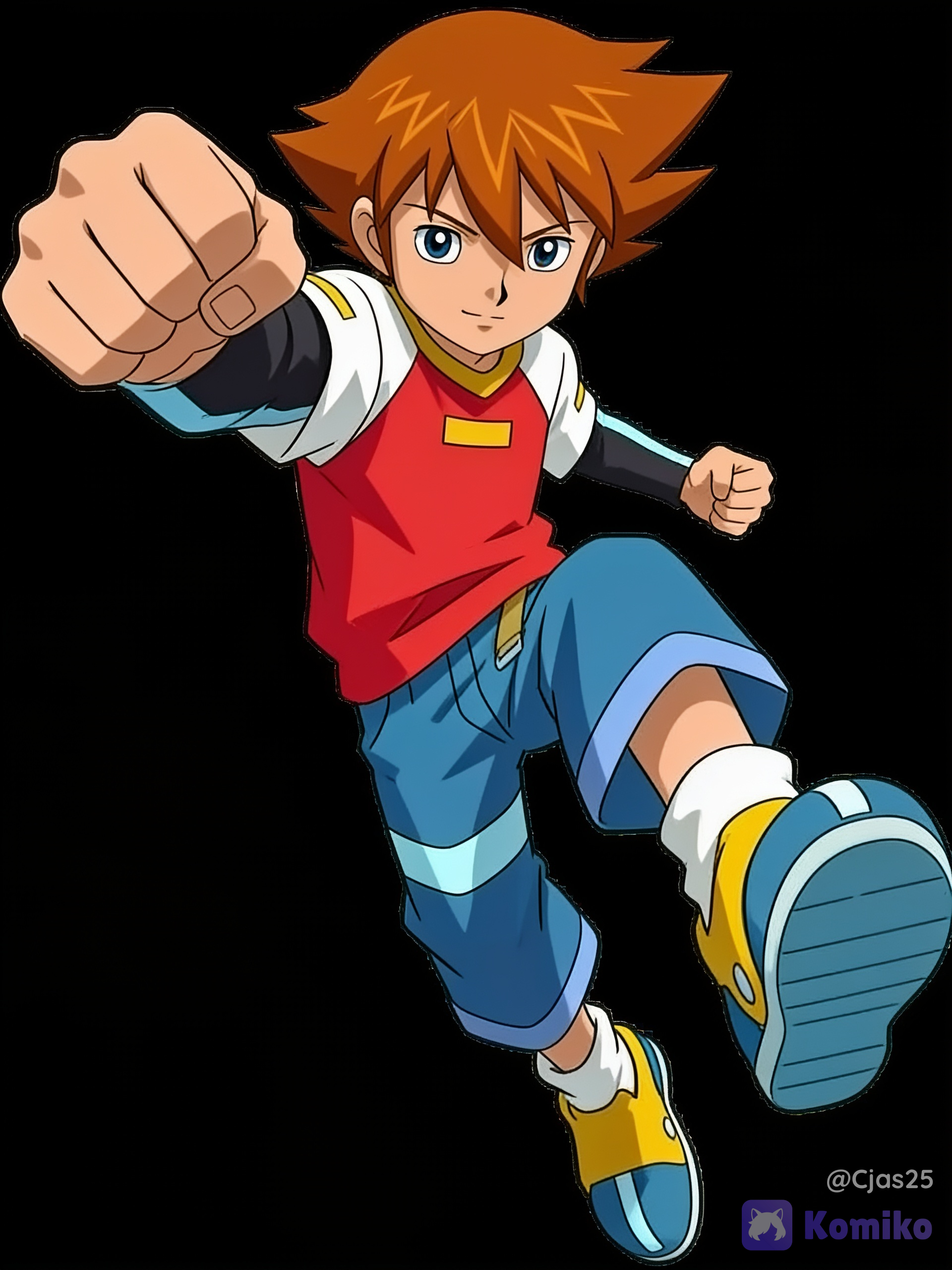 bright brown hair, expressive blue eyes with thin black eyebrows, wearing a layered top consisting of a short-sleeved red t-shirt with a yellow horizontal accent bar on the chest and white shoulders. Beneath it, he wears black long sleeves with a light blue stripe running down the outer arm. Baggy blue shorts or capris that feature a thick, light blue horizontal stripe across the mid-thigh area. A tan strap or belt loop hangs near his right hip. Large, oversized sneakers that mirror his clothing's palette, featuring a yellow upper, blue accents, thick white socks, and a light blue sole base. Dynamic action shot, low dramatic angle, cinematic lighting, mid-air punch, black background, thick black ink line art, clean outlines, crisp anime key visual style.