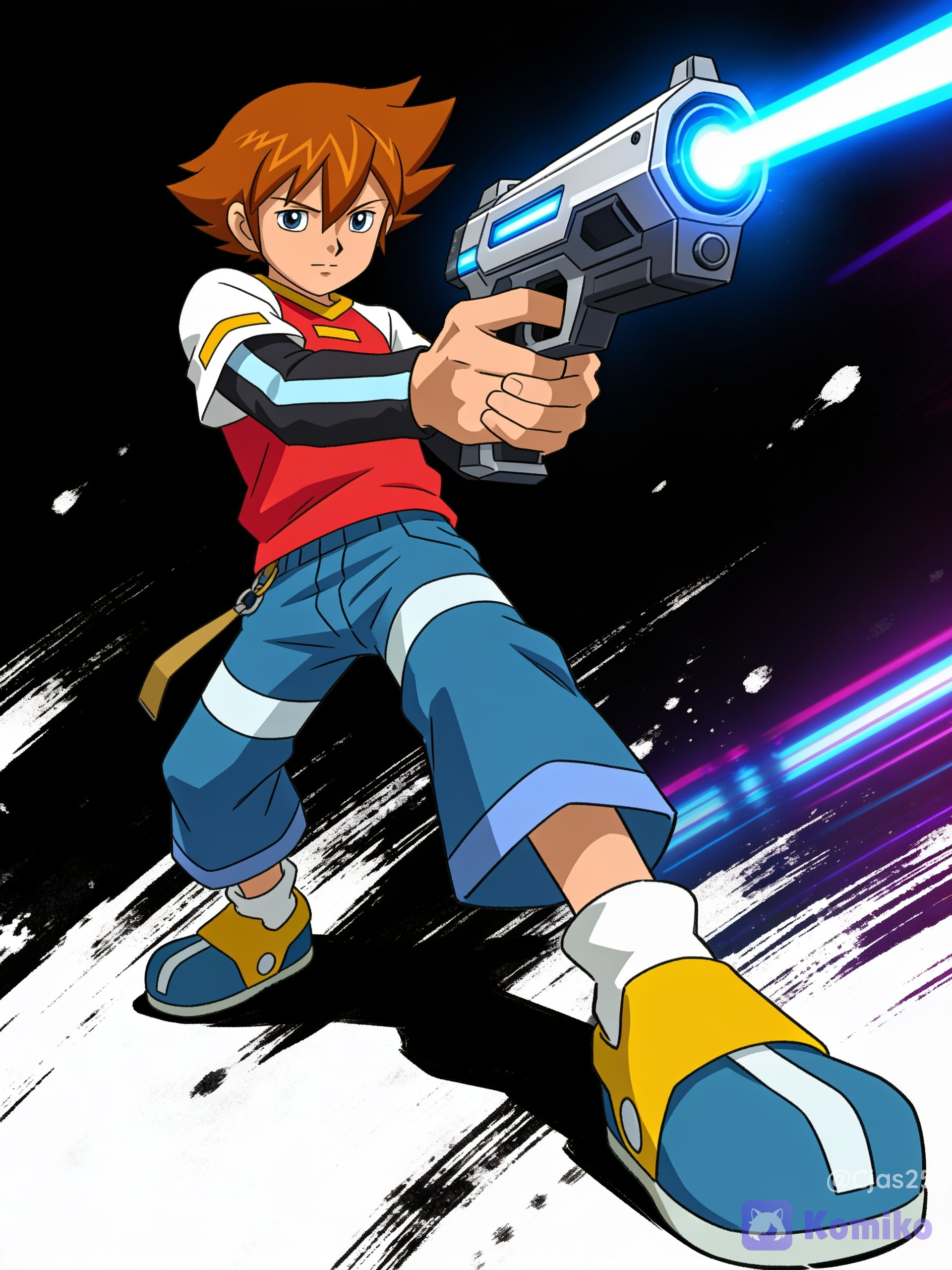 bright brown hair, expressive blue eyes with thin black eyebrows, wearing a layered top consisting of a short-sleeved red t-shirt with a yellow horizontal accent bar on the chest and white shoulders. Beneath it, he wears black long sleeves with a light blue stripe running down the outer arm. Baggy blue shorts or capris that feature a thick, light blue horizontal stripe across the mid-thigh area. A tan strap or belt loop hangs near his right hip. Large, oversized sneakers that mirror his clothing's palette, featuring a yellow upper, blue accents, thick white socks, and a light blue sole base. A cool anime male character, sharp jawline, intense gaze, holding a sleek retro-futuristic ray gun firing a bright neon blue beam, dynamic action pose, black background with white ink strokes, vibrant cyberpunk lighting, highly 8k resolution, modern anime art style."