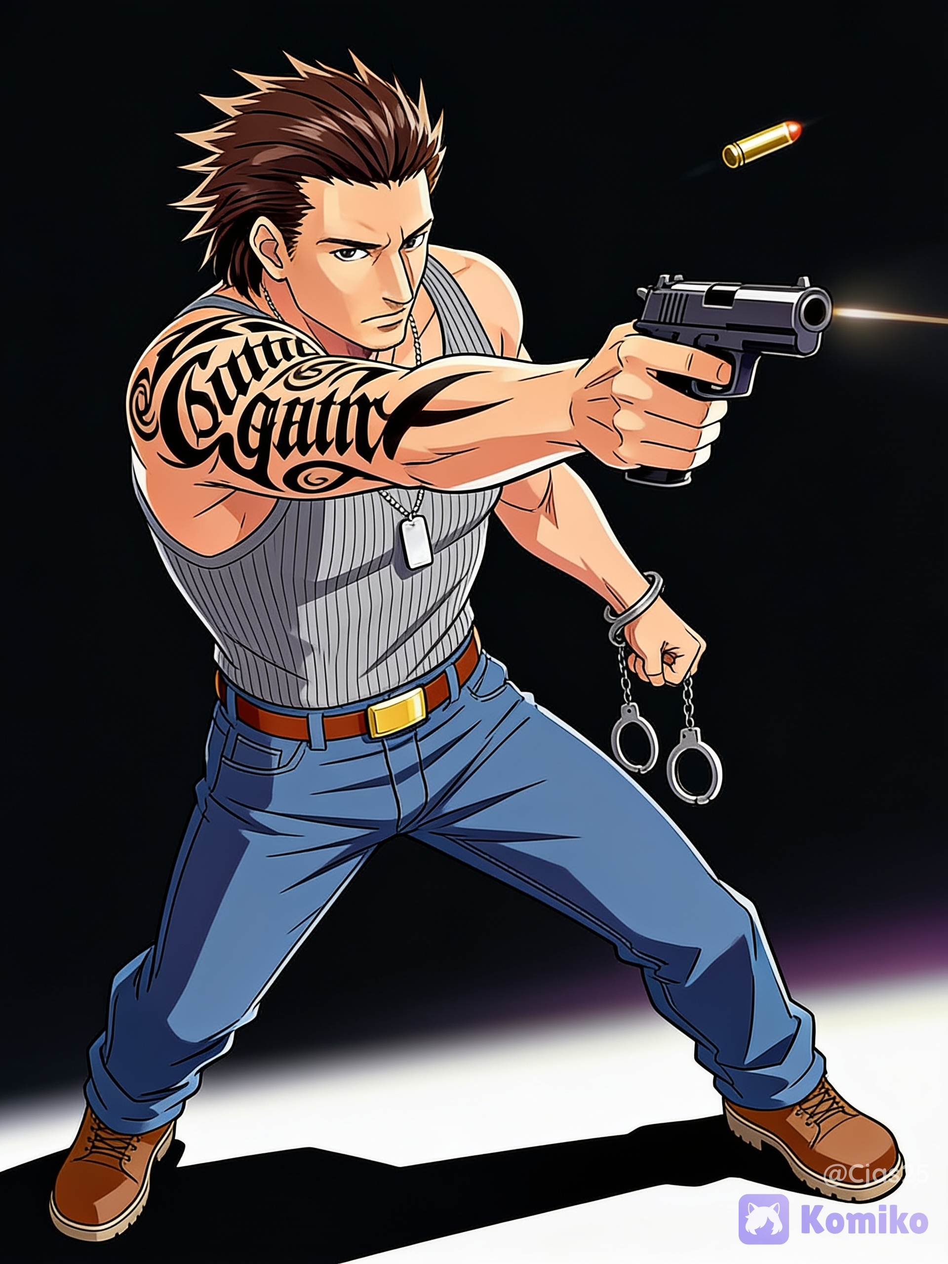 A muscular man with a rugged, athletic build, brown hair, slicked-back, and shoulder-length with a slightly spiky or layered texture at the back. Sharp jawline, dark eyes, serious expression, and clean-shaven, a large, prominent black tribal-style tattoo covering his entire right shoulder and upper arm, featuring stylized cursive text. Wearing a grey, sleeveless ribbed tank top tucked into straight-leg blue jeans, secured by a brown leather belt with a gold buckle, simple brown leather work boots or shoes. Silver dog tag necklace hanging around his neck and a pair of metallic handcuffs dangling from his left wrist. Dark background, dynamic pose, low dramatic angle, shooting a handgun, bullet flying, dark cinematic lighting, clean cel-shaded style, bold ink line outlines, flat color fills, sharp two-tone shadow blocks, distinct light source, vibrant saturated palette, 2D animation aesthetic, crisp edges