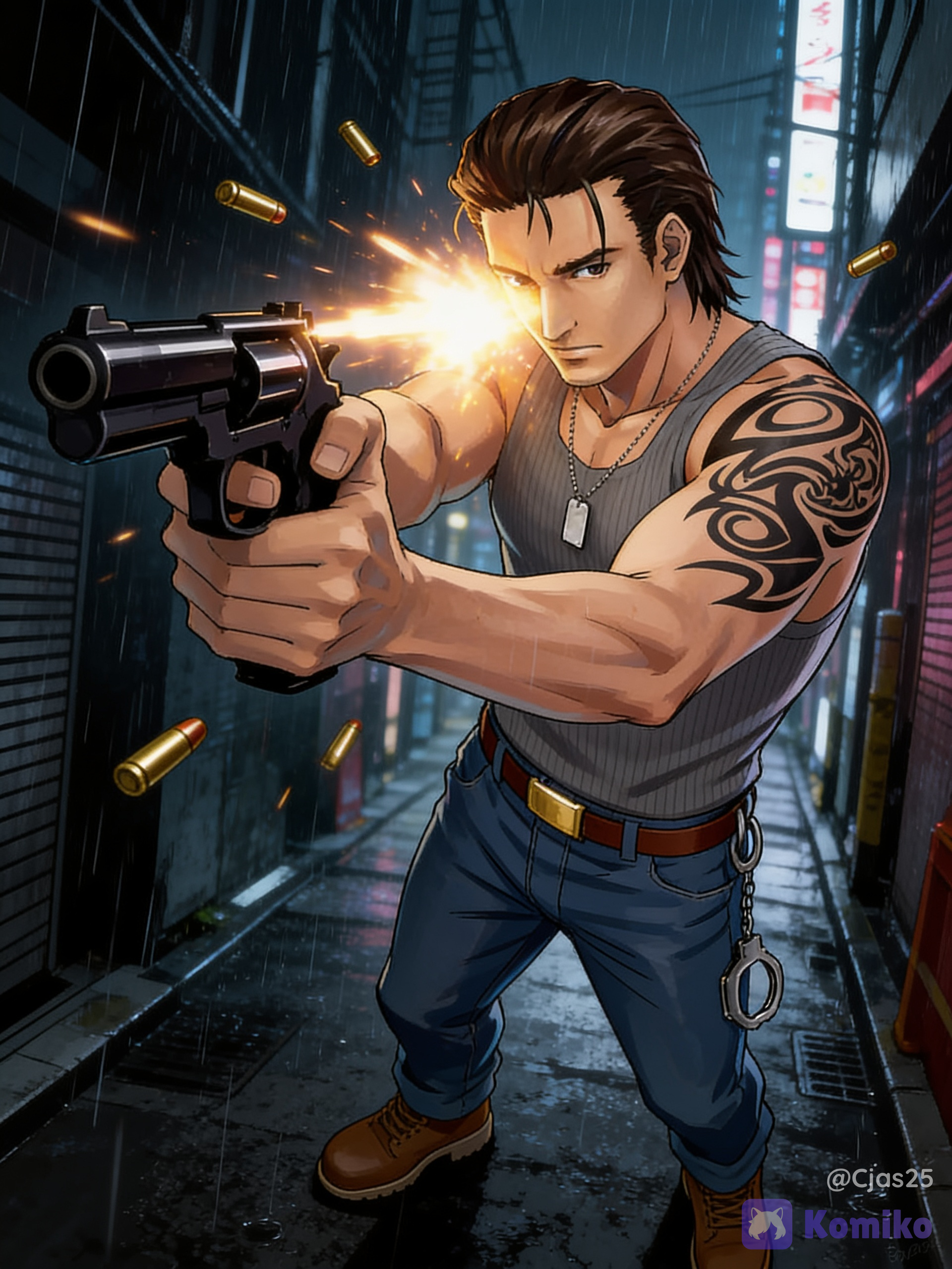 A muscular man with a rugged, athletic build, brown hair, slicked-back, and shoulder-length with a slightly spiky or layered texture at the back. Sharp jawline, dark eyes, serious expression, and clean-shaven, a large, prominent black tribal-style tattoo covering his entire right shoulder and upper arm, featuring stylized cursive text. Wearing a grey, sleeveless ribbed tank top tucked into straight-leg blue jeans, secured by a brown leather belt with a gold buckle, simple brown leather work boots or shoes. Silver dog tag necklace hanging around his neck and a pair of metallic handcuffs dangling from his left wrist. Closeup action shot of a handsome young anime man he is holding a sleek black pistol, aiming and firing with an intense, focused expression. Bright muzzle flash illuminating his face, flying brass shell casings, cinematic dramatic lighting, dark rainy Tokyo alleyway background, sharp focus, vibrant anime art style, 8k resolution, .