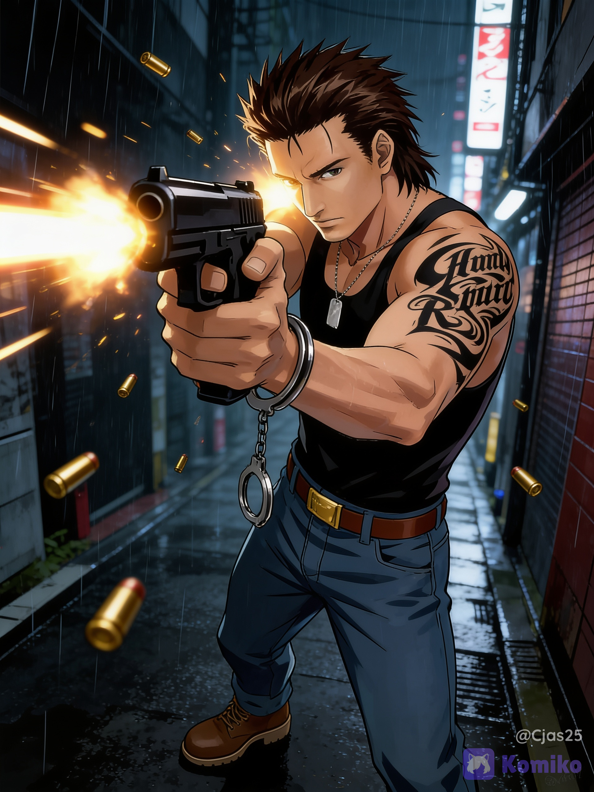 A muscular man with a rugged, athletic build, brown hair, slicked-back, and shoulder-length with a slightly spiky or layered texture at the back. Sharp jawline, dark eyes, serious expression, and clean-shaven, a large, prominent black tribal-style tattoo covering his entire right shoulder and upper arm, featuring stylized cursive text. Wearing a black tank top tucked into straight-leg blue jeans, secured by a brown leather belt with a gold buckle, simple brown leather work boots or shoes. Silver dog tag necklace hanging around his neck and a pair of metallic handcuffs dangling from his left wrist. Closeup action shot of a handsome young anime man he is holding a sleek black pistol, aiming and firing with an intense, focused expression. Bright muzzle flash illuminating his face, flying brass shell casings, cinematic dramatic lighting, dark rainy Tokyo alleyway background, sharp focus, vibrant anime art style, 8k resolution, .