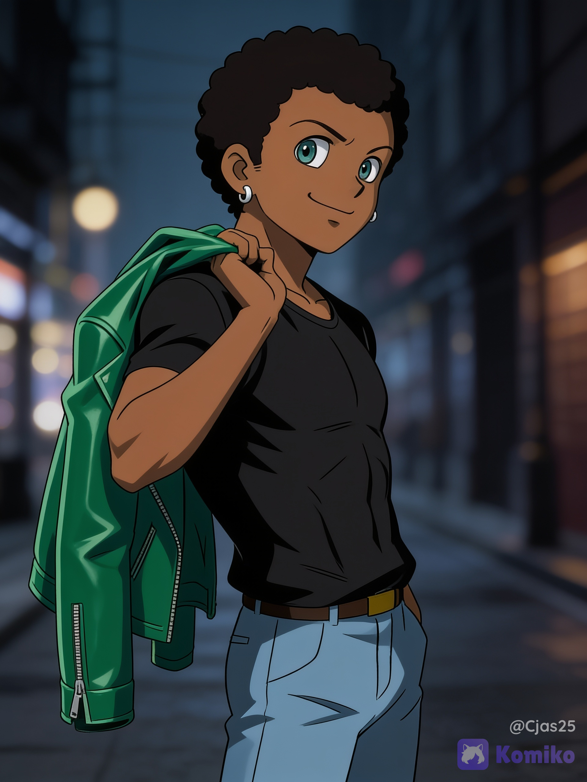 A young male character with dark skin, short curly black hair, and teal or light blue eyes. He is wearing small, round silver earrings in both ears. Full body shot, standing in a dynamic contrapposto pose, green leather jacket slung casually over one shoulder held by a single finger, black compressed shirt underneath, confident slight smile, cinematic street background.