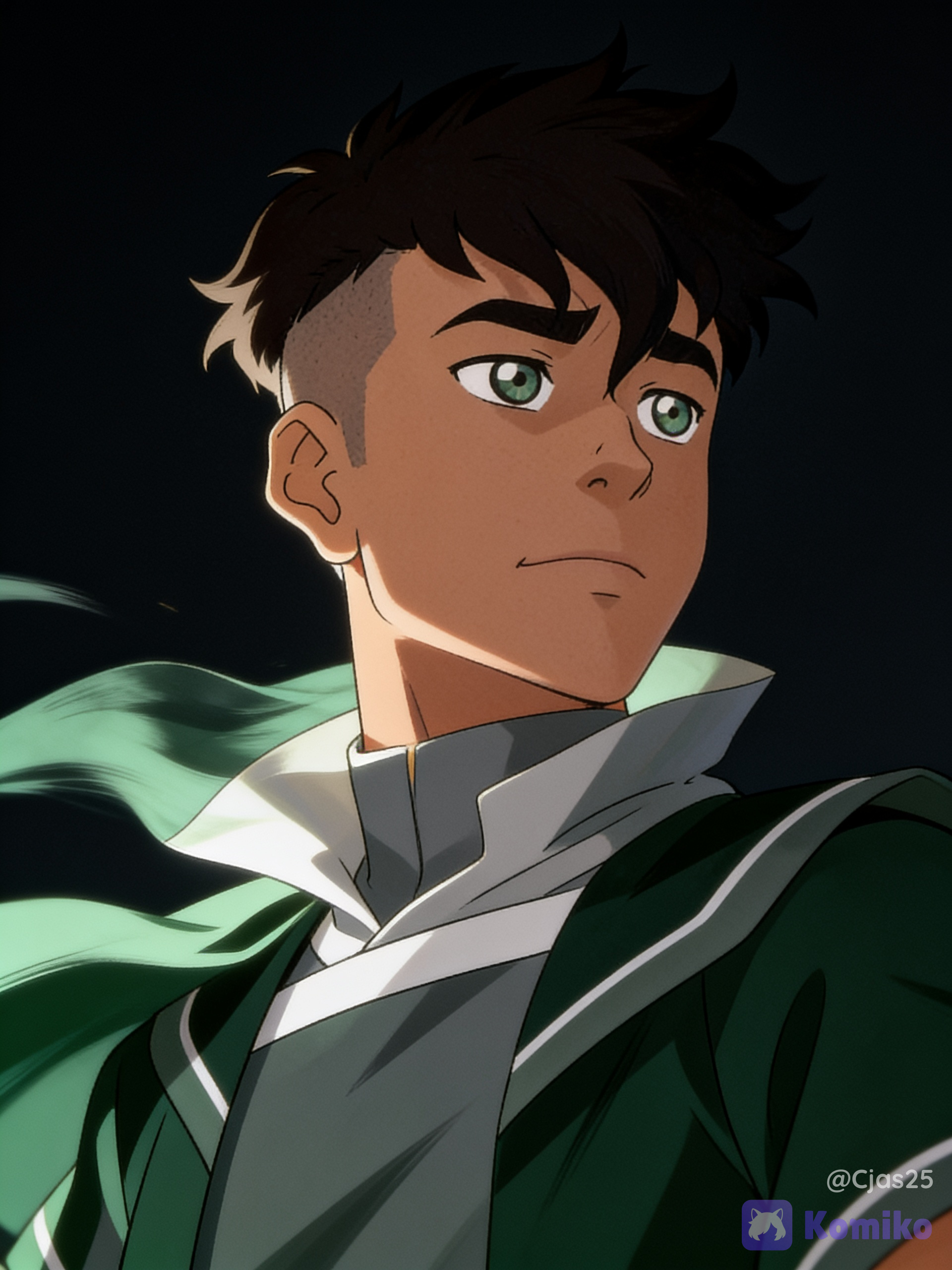 Dark, messy black hair on top with a modern undercut or faded style on the sides, tan complexion, an angled jawline, and distinct thick eyebrows. Wearing a dark green or grey tunic featuring white trim and a layered, high-collared neckline. Dark background with visible winds all around, dynamic pose, low dramatic angle, cinematic lighting.