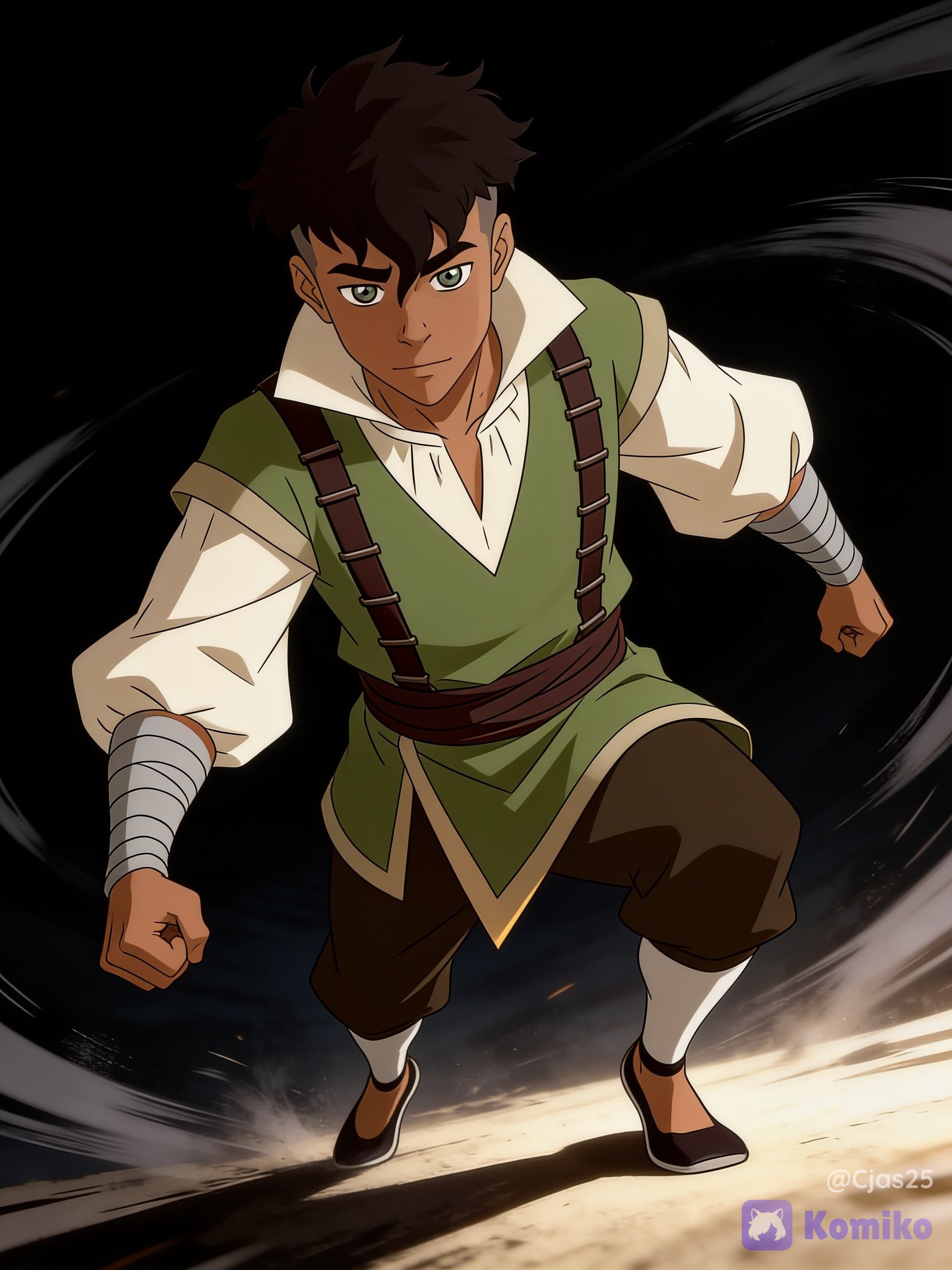 Dark, messy black hair on top with a modern undercut or faded style on the sides, tan complexion, an angled jawline, and distinct thick eyebrows. A dual-toned green tunic that has short sleeves and a distinct V-notch slit at the bottom hem. It is with dark brown vertical structural straps running down the shoulders. A loose, cream-white, long-sleeved undershirt with a high, wide collar poking out at the neck. The sleeves are puffed out and gathered tightly at the forearms. Light gray fabric wraps bound tightly around both forearms and wrists.Belt: A thick, dark brown sash or belt worn tightly around the waist to secure the tunic layers. Dark brown, knee-length breeches paired with long, off-white socks or leg stockings that reach up to the knees. Simple, dark slip-on shoes with thin soles, styled similarly to traditional martial arts slippers. Dark background with visible winds all around, dynamic pose, low dramatic angle, cinematic lighting.