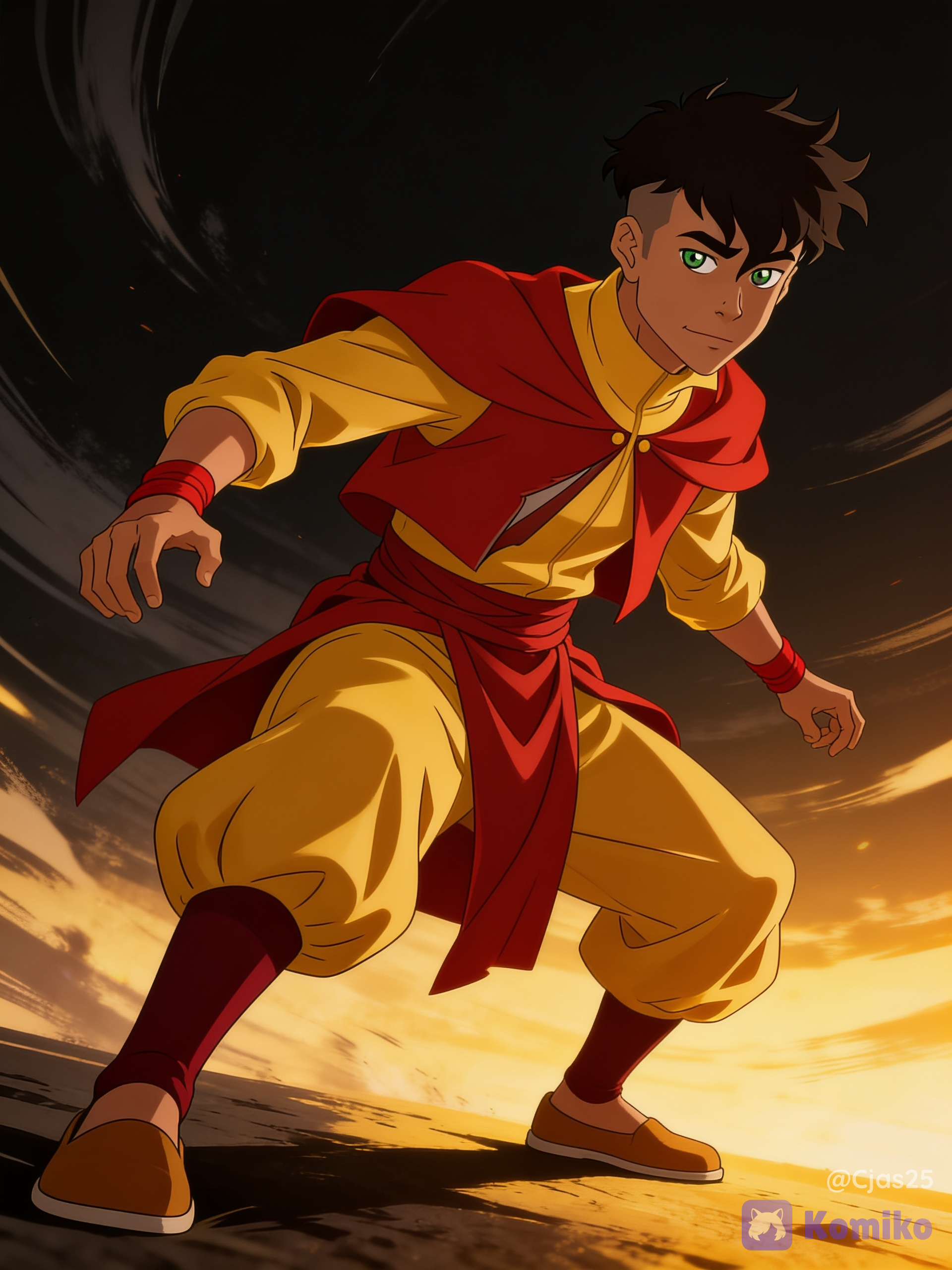 Dark, messy black hair on top with a modern undercut or faded style on the sides, tan complexion, an angled jawline, green eyes and distinct thick eyebrows. A high-collared, long-sleeved golden-yellow shirt. A short, crimson-red shoulder cape (or wrap) with an open slit down the front, layered directly over his yellow shirt. A wide crimson-red fabric sash or belt wrapped securely around his waist. Loose-fitting, balloon-style golden-yellow trousers that taper just below the knees. Dark crimson-red leggings or long socks paired with simple brown, slip-on shoes. He also wears matching crimson bands around his wrists. Dark background with visible winds all around, low dramatic angle, dynamic pose, golden hour lighting
