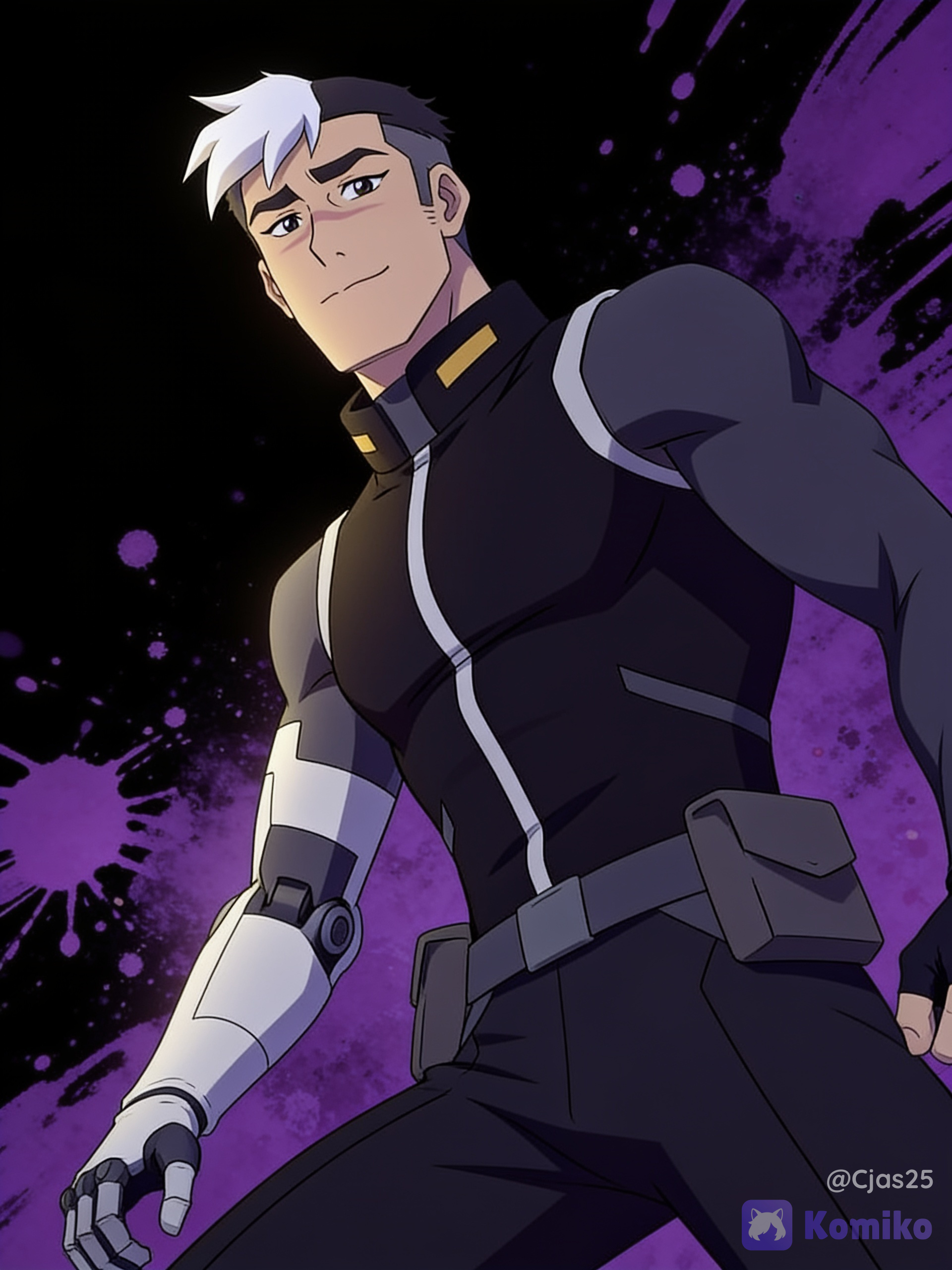 He has short, styled dark hair with a prominent, thick white tuft at the front of his bangs and a shaved, light gray undercut on the sides. He has sharp facial features, thick dark eyebrows, light-colored eyes, and a small horizontal scar across the bridge of his nose. He is shown with a calm, subtle smile. He possesses a tall, athletic, and muscular physique. He is wearing a dark, form-fitting tactical uniform. The main vest portion is black with a vertical silver zipper down the center and gold accents on the high collar. His right arm is a robotic prosthetic, colored in white, light gray, and dark gray segmented panels.H e wears a dark gray utility belt with two rectangular pouches resting on his hips. Black background with purple paint and ink splats, dynamic pose, low dramatic angle, cinematic lighting